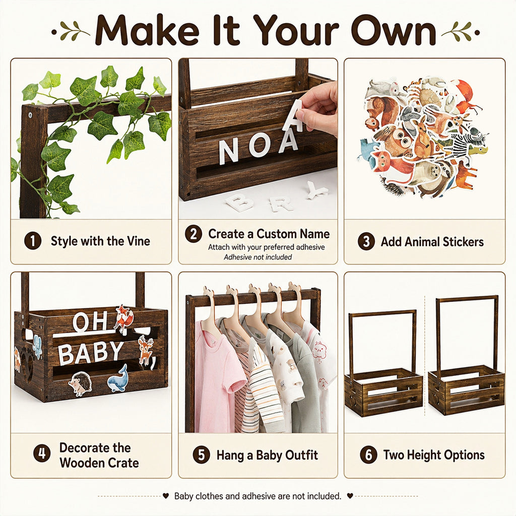 TeSabMi Baby Shower Crate Closet, Wooden Gift Basket with Alphabet Letters, Clothes Hangers and Vine for Custom Name Display, Brown