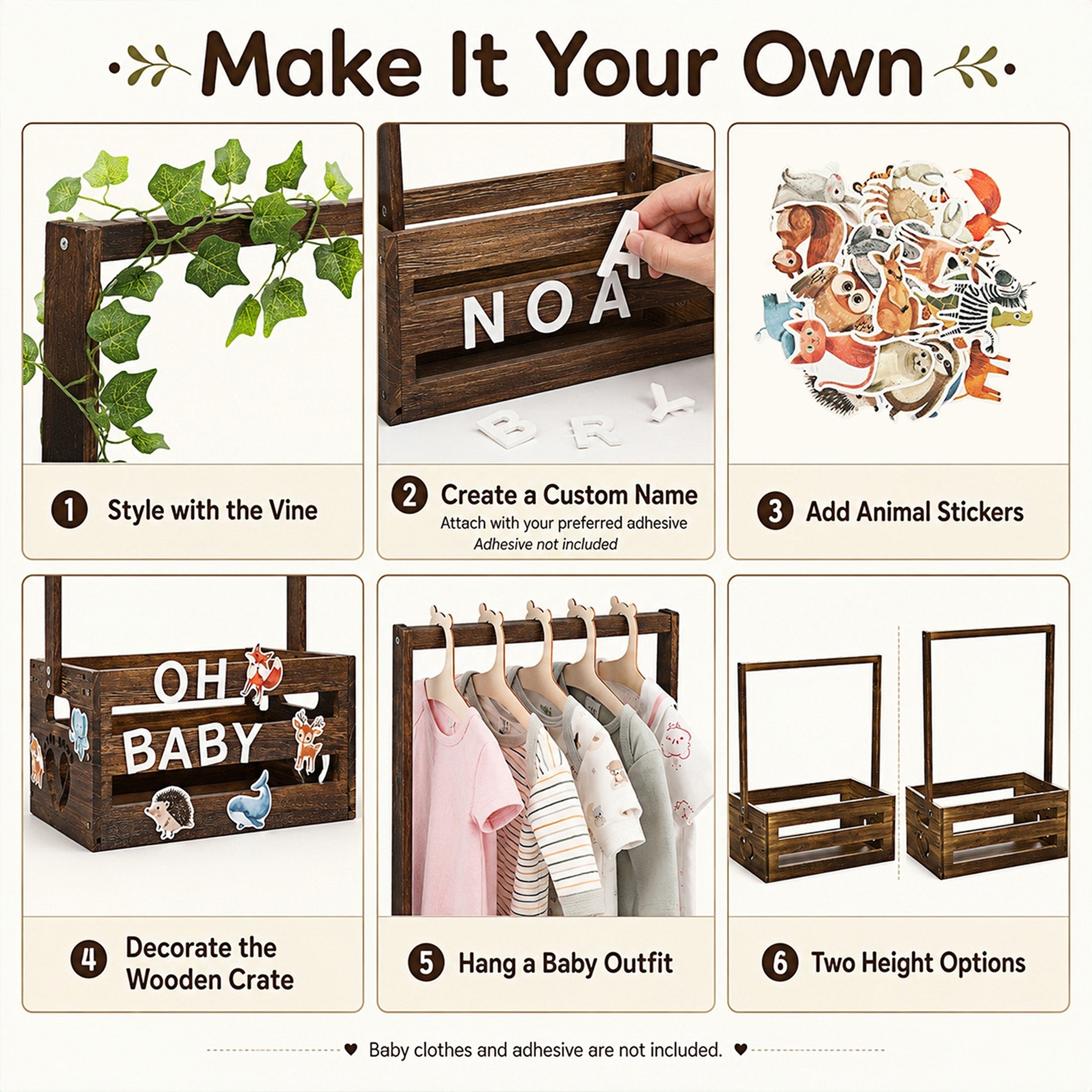 TeSabMi Baby Shower Crate Closet, Wooden Gift Basket with Alphabet Letters, Clothes Hangers and Vine for Custom Name Display, Brown