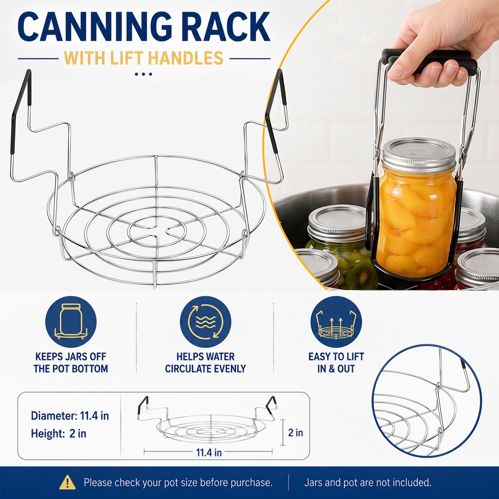 TeSabMi Canning Supplies Starter Kit, 11-Piece Water Bath Canning Tools Set with Rack, Jar Lifter, Funnel, Magnetic Lid Lifter, Black