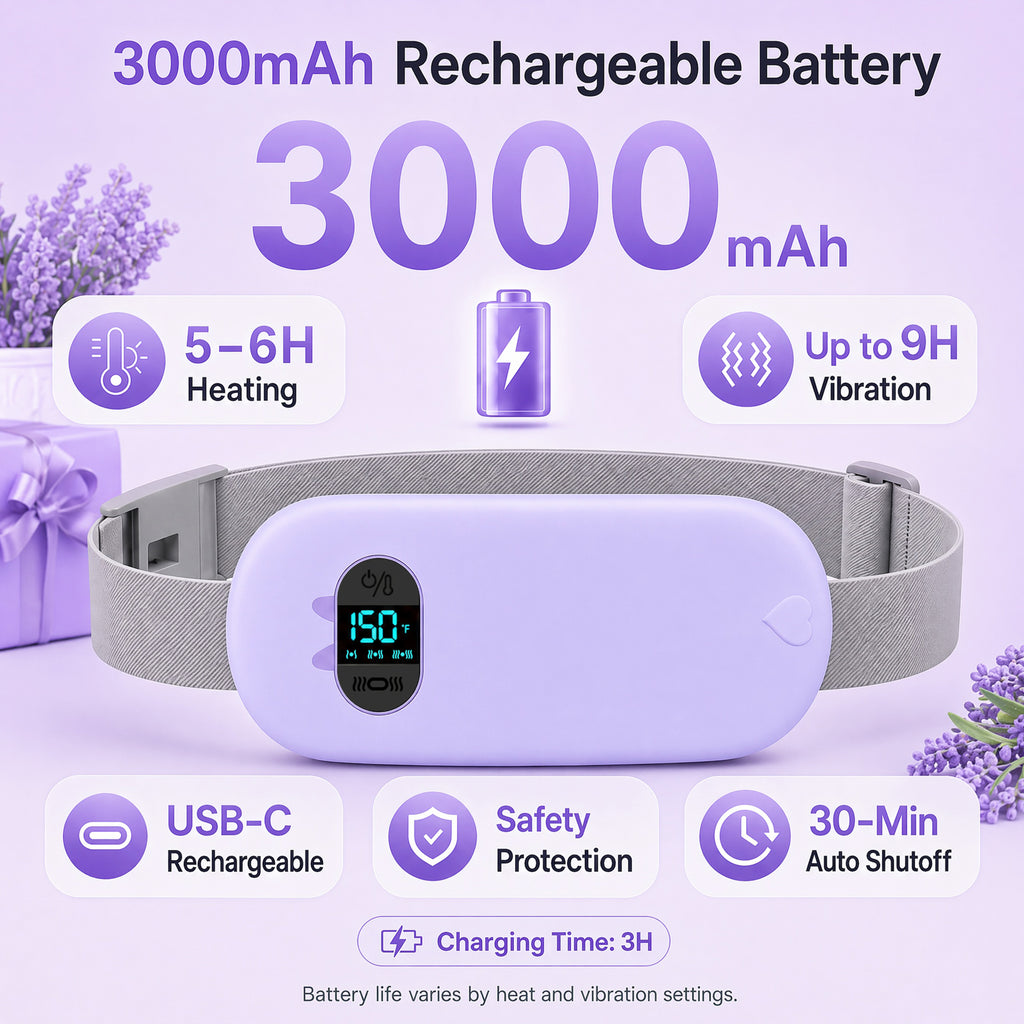 TeSabMi Cordless Heating Pad for Period Cramps, Portable Menstrual Heating Belt with 6 Heat Levels, 6 Vibration Modes, Gift for Women Her Purple