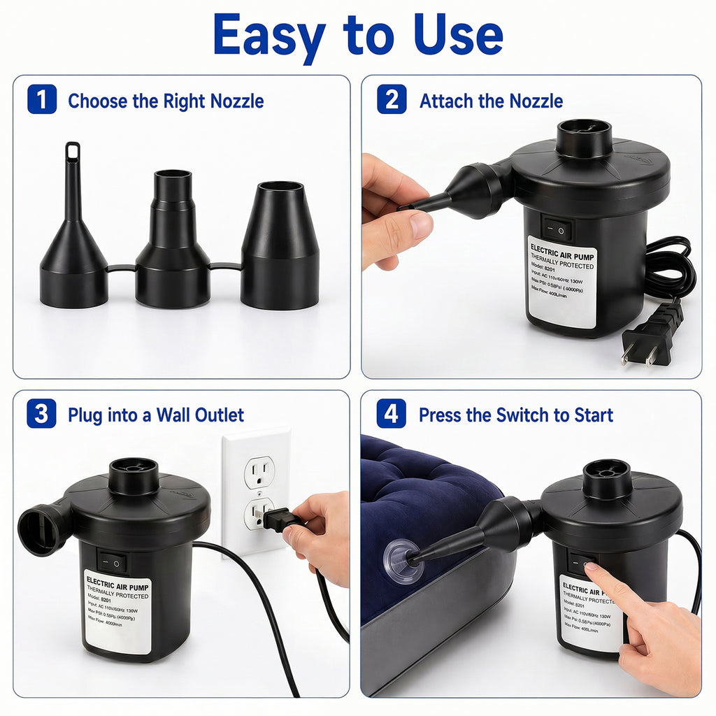 TeSabMi Electric Air Pump for Inflatables, 130W AC Quick Fill Air Mattress Pump with 3 Nozzles, Inflator Deflator for Pool Floats and Swim Rings