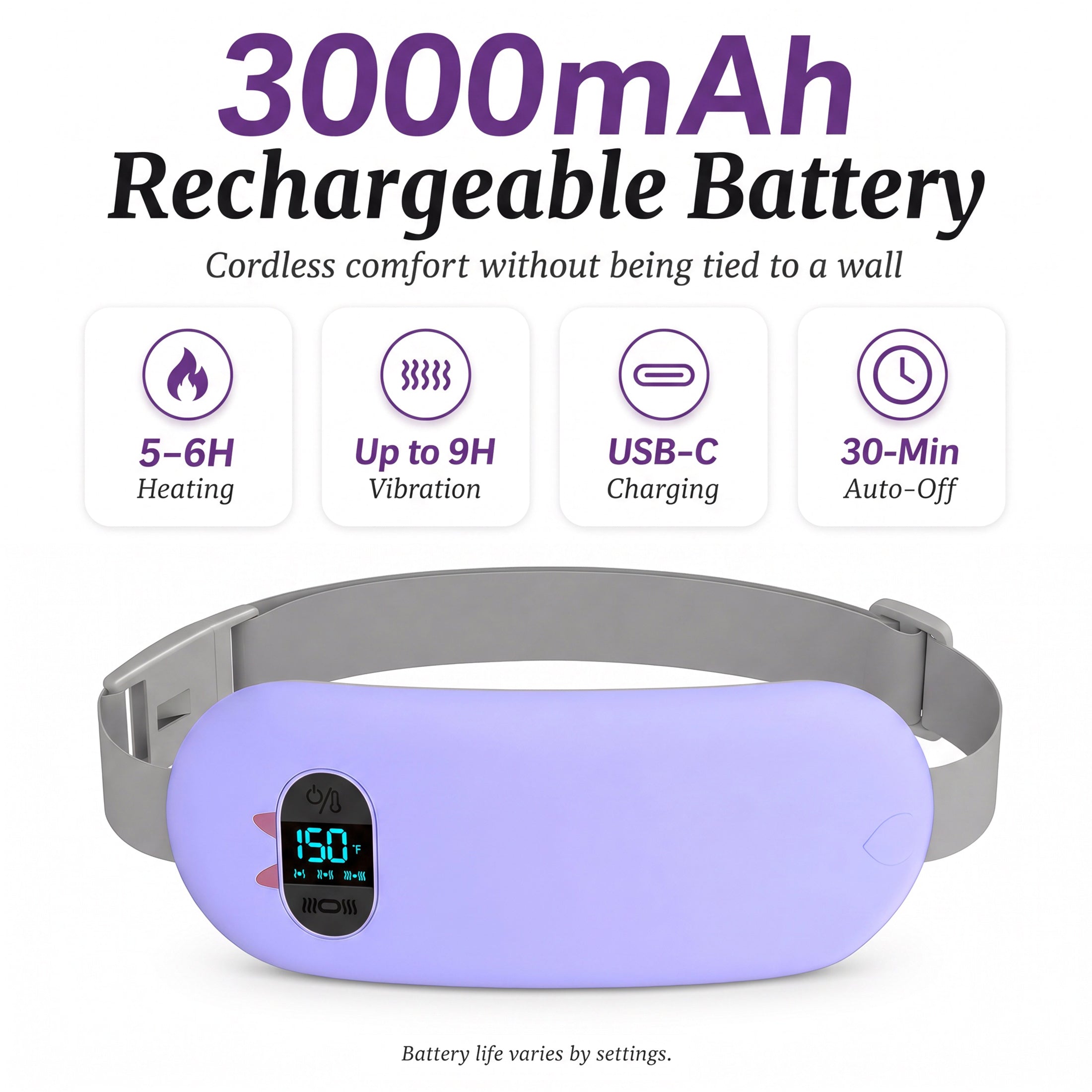 TeSabMi Cordless Heating Pad for Period Cramps, Portable Menstrual Heating Belt with 6 Heat Levels, 6 Vibration Modes, Gift for Women Her Purple