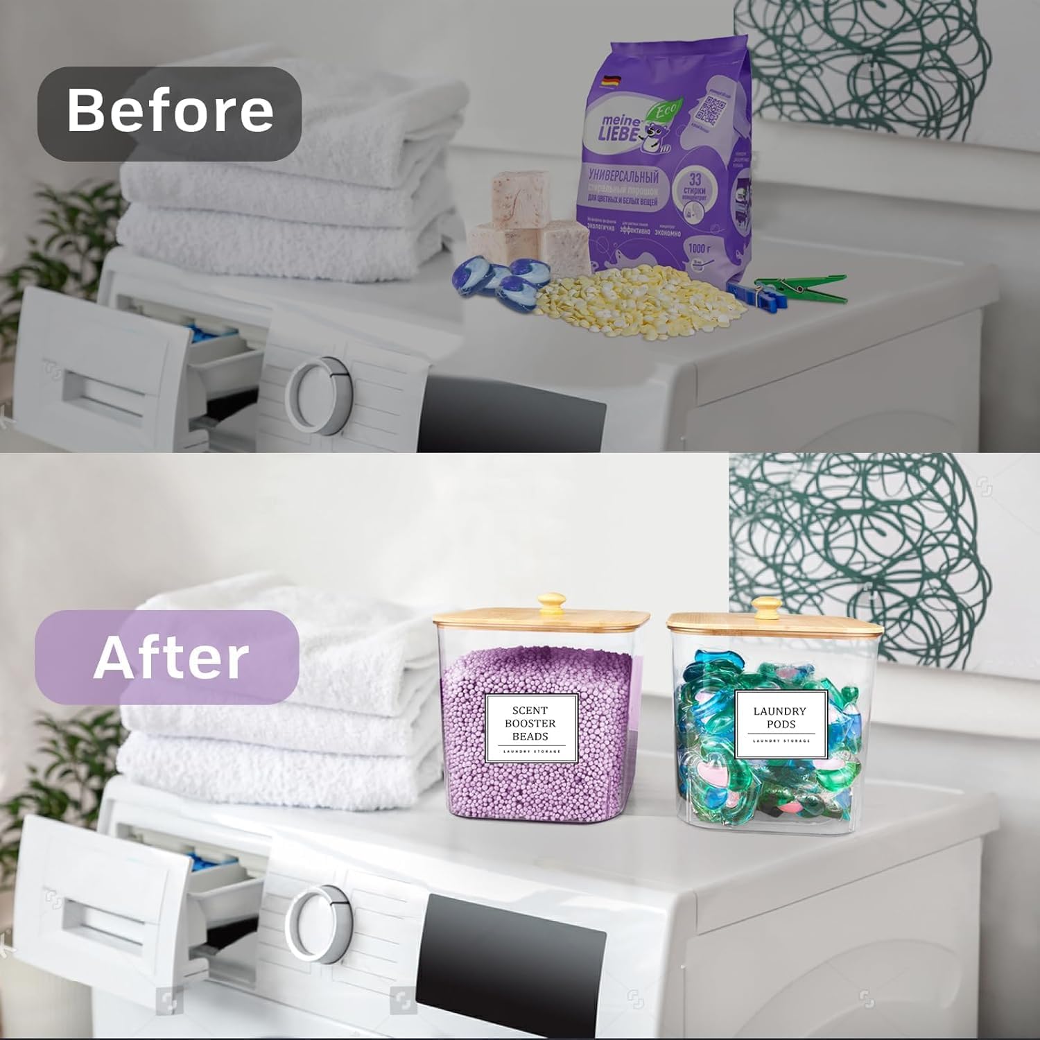 TeSabMi 3+1 Pack Laundry Pods Container Set with Dryer Sheet Holder, PET Plastic Storage Jars with Labels & Scoops, Natural