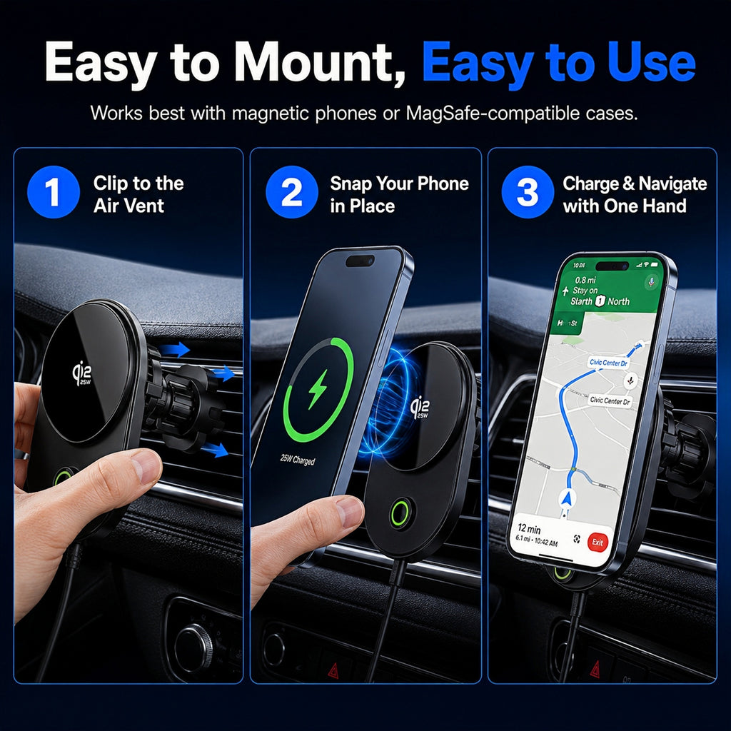 TeSabMi 25W Fast Charging Magnetic Wireless Car Charger Mount with Active Cooling, Air Vent Phone Holder for iPhone 12 to 17 Series