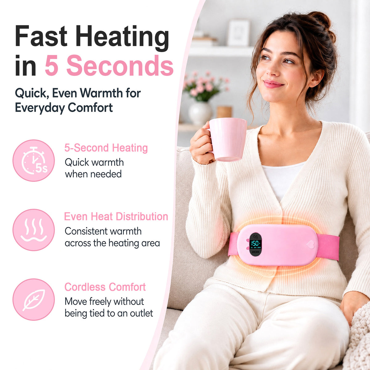 TeSabMi Cordless Heating Pad for Period Cramps, Portable Menstrual Heating Belt with 6 Heat Levels, 6 Vibration Modes, Gift for Women Her Pink