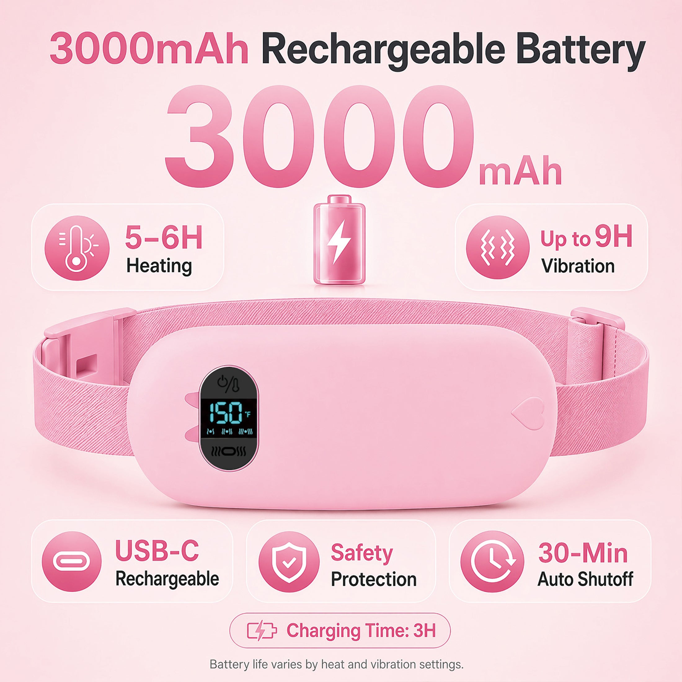 TeSabMi Cordless Heating Pad for Period Cramps, Portable Menstrual Heating Belt with 6 Heat Levels, 6 Vibration Modes, Gift for Women Her Pink