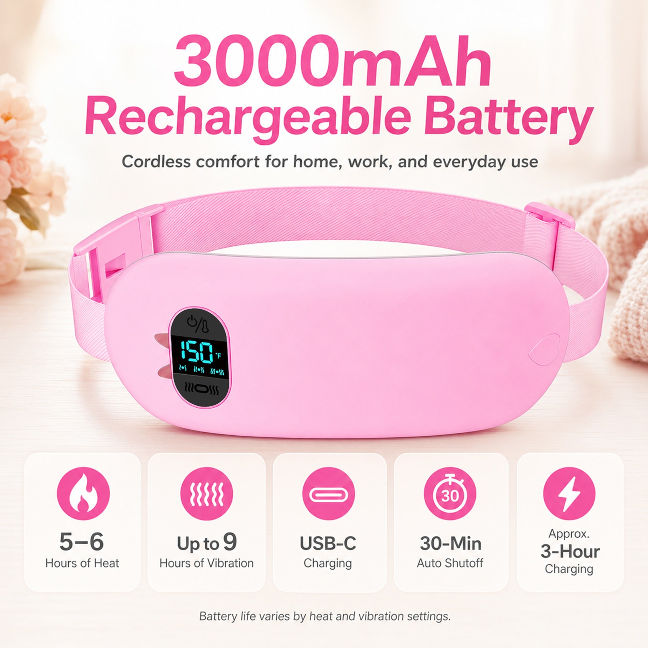TeSabMi Cordless Heating Pad for Period Cramps, Portable Menstrual Heating Belt with 6 Heat Levels, 6 Vibration Modes, Gift for Women Her Pink