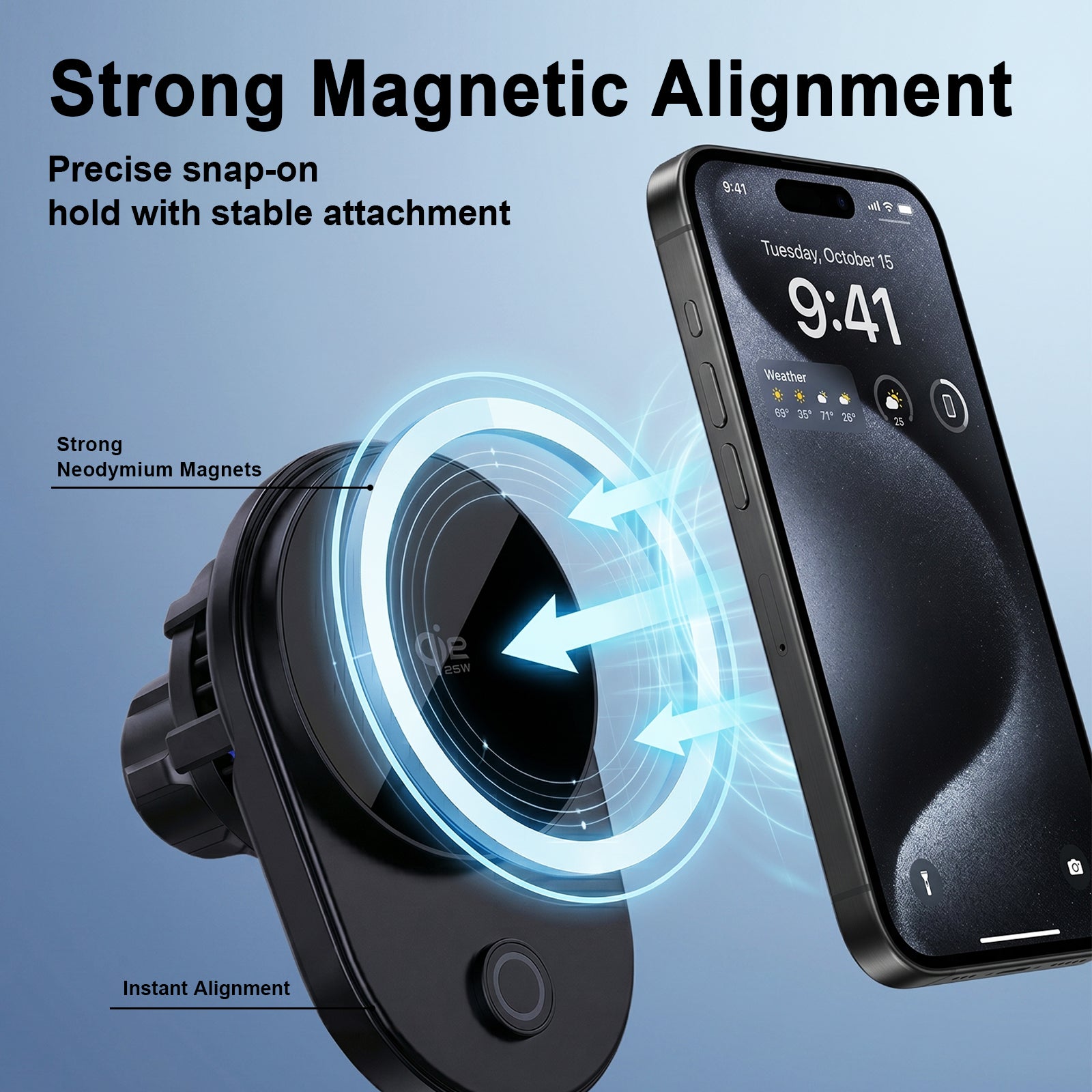 TeSabMi 25W Fast Charging Magnetic Wireless Car Charger Mount with Active Cooling, Air Vent Phone Holder for iPhone 12 to 17 Series