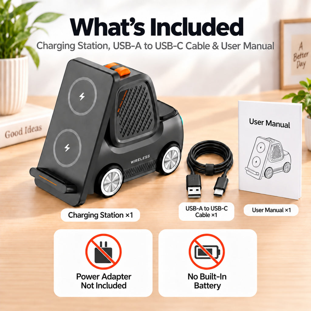TeSabMi 5-in-1 Wireless Charging Station with Bluetooth Speaker, Up to 15W Dual-Coil Charger, Compatible with iPhone, Apple Watch & AirPods
