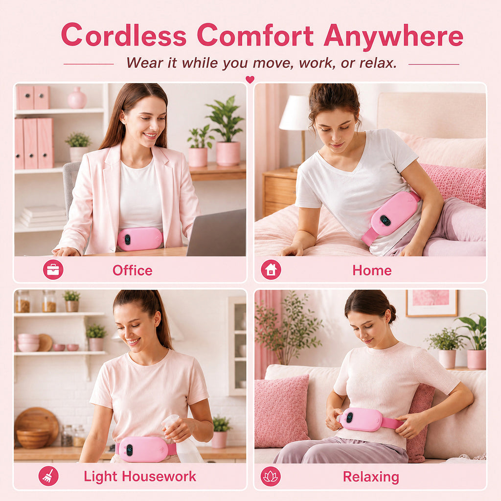 TeSabMi Cordless Heating Pad for Period Cramps, Portable Menstrual Heating Belt with 6 Heat Levels, 6 Vibration Modes, Gift for Women Her Pink