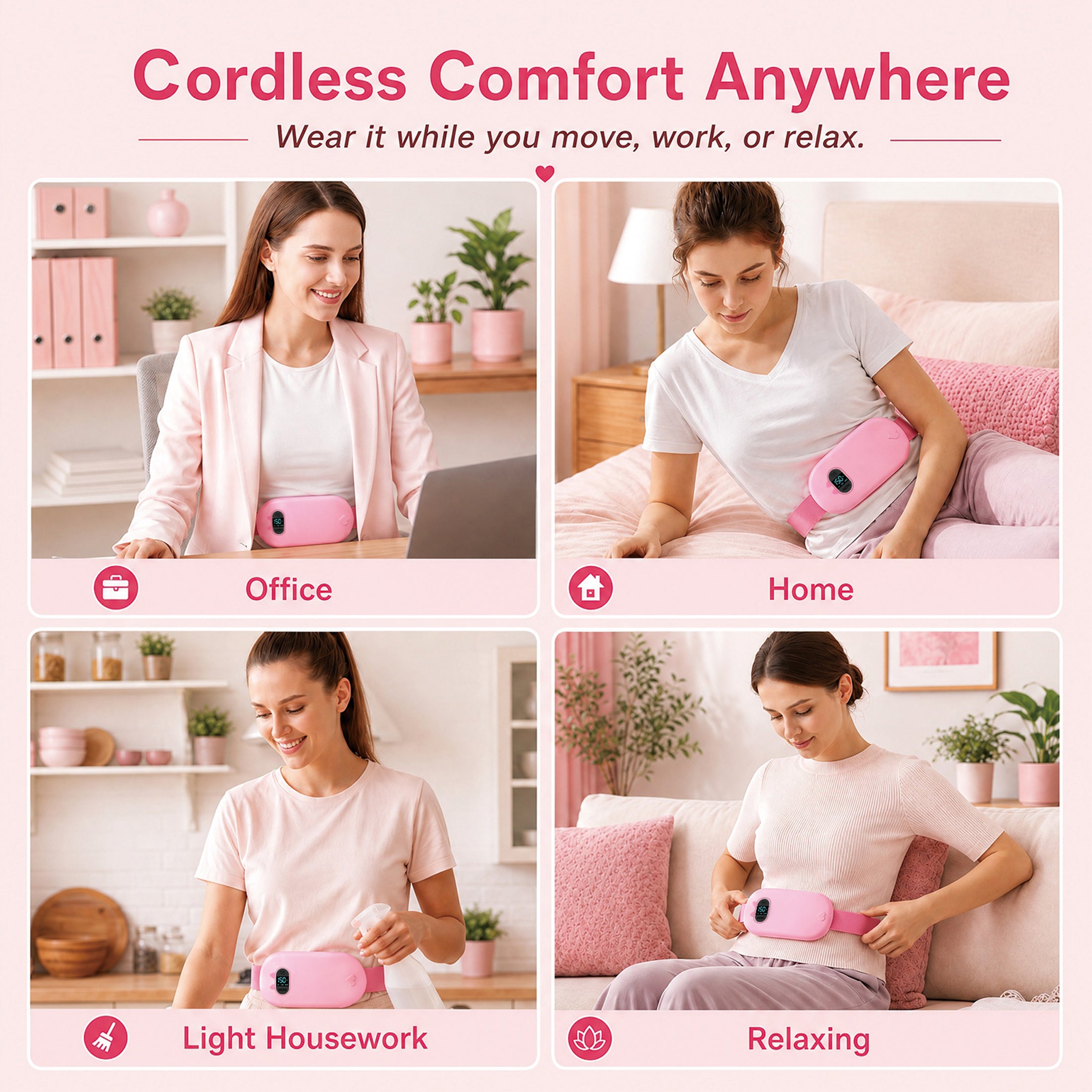 TeSabMi Cordless Heating Pad for Period Cramps, Portable Menstrual Heating Belt with 6 Heat Levels, 6 Vibration Modes, Gift for Women Her Pink