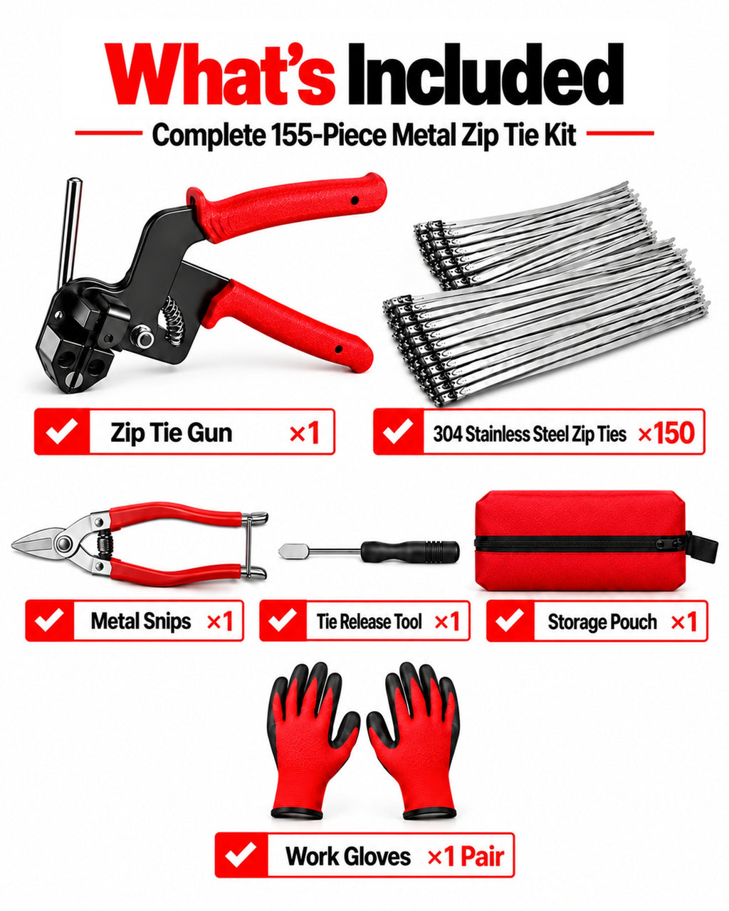 TeSabMi 155-Piece Cable Tie Gun Kit with Release Tool and 150 Metal Zip Ties Made of 304 Stainless Steel in 3 Sizes for Fencing and Exhaust Wrap