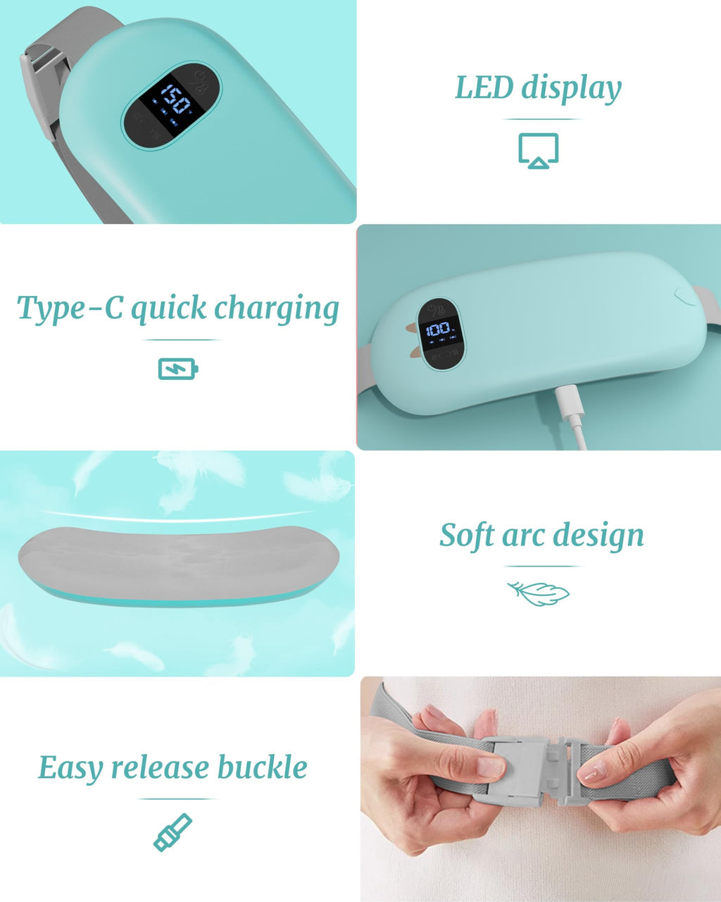 TeSabMi Cordless Heating Pad for Period Cramps, Portable Menstrual Heating Belt with 6 Heat Levels, 6 Vibration Modes, Gift for Women, Light Blue