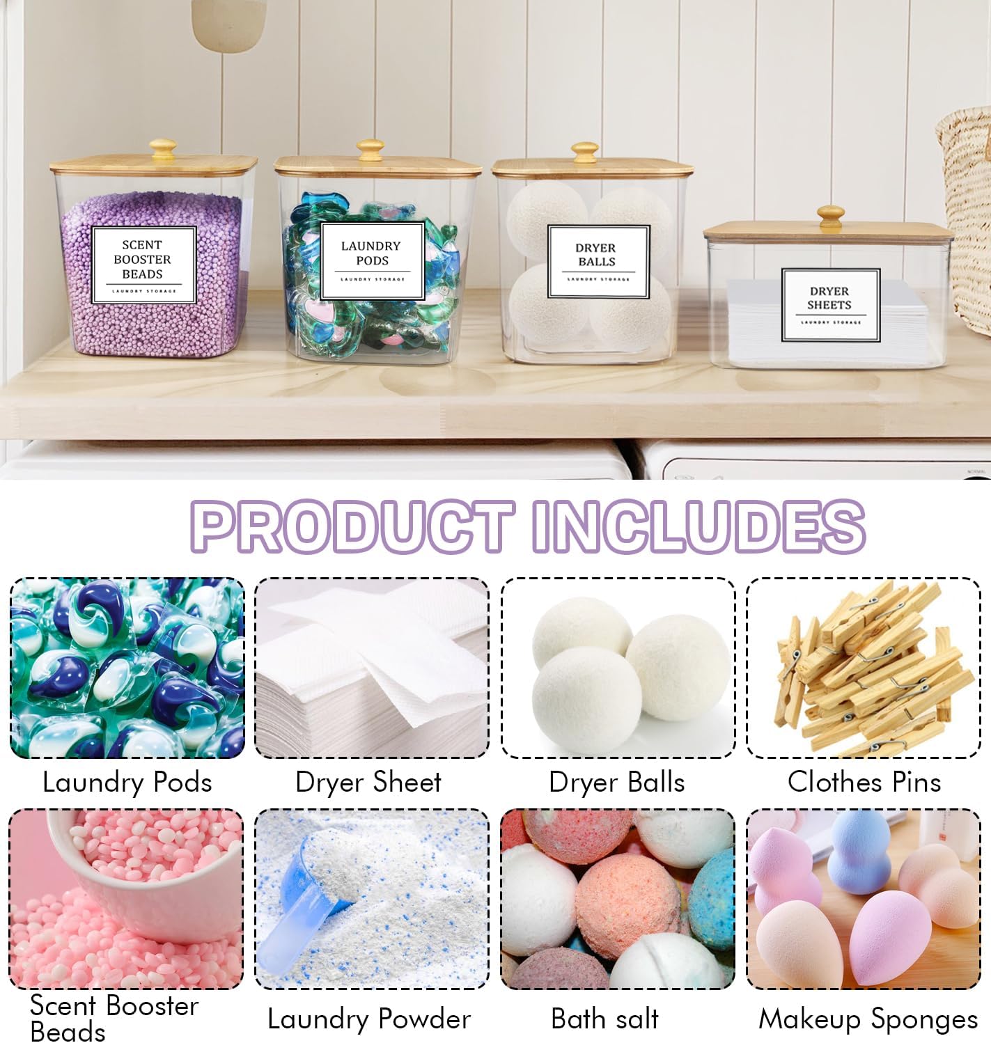 TeSabMi 3+1 Pack Laundry Pods Container Set with Dryer Sheet Holder, PET Plastic Storage Jars with Labels & Scoops, Natural