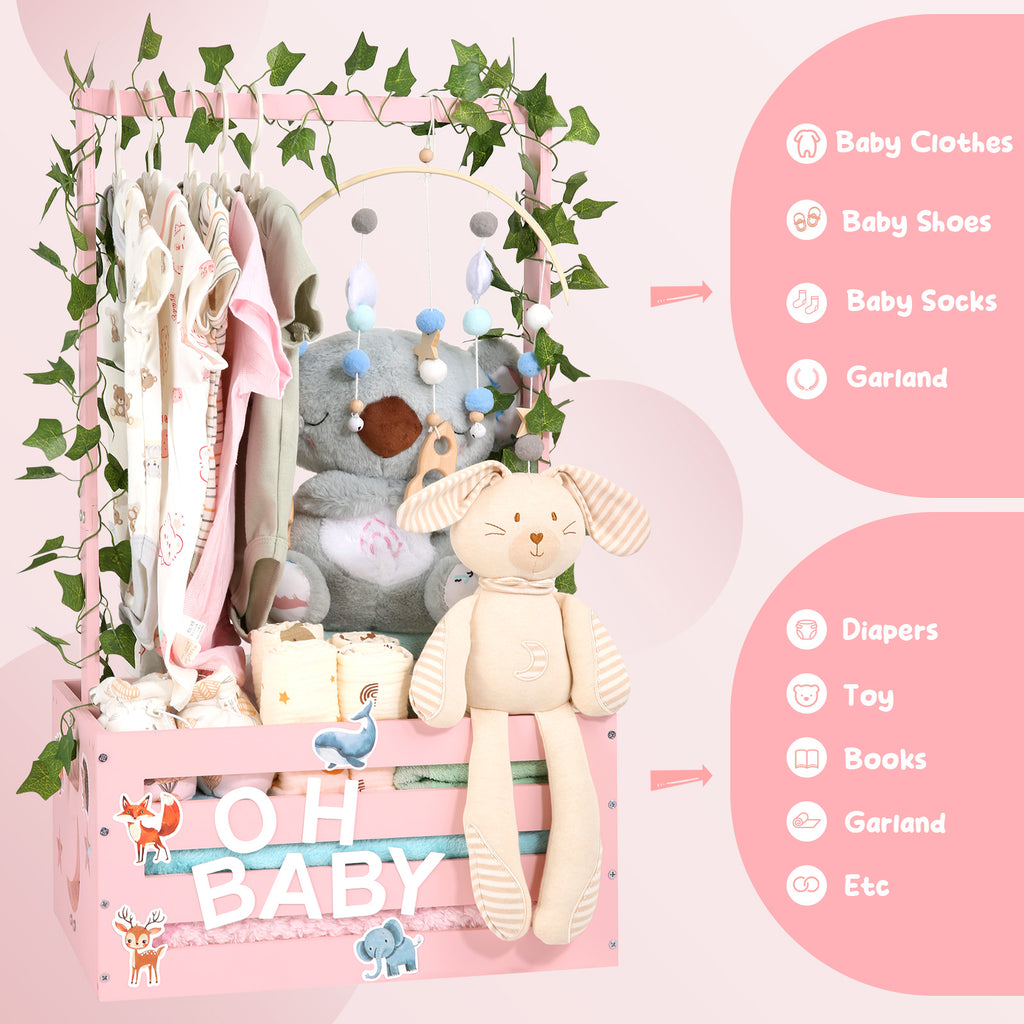 TeSabMi Baby Shower Gift Basket, Large Personalized Wooden Crate with Letters and Clothes Hangers for Newborn Nursery Room, Pink