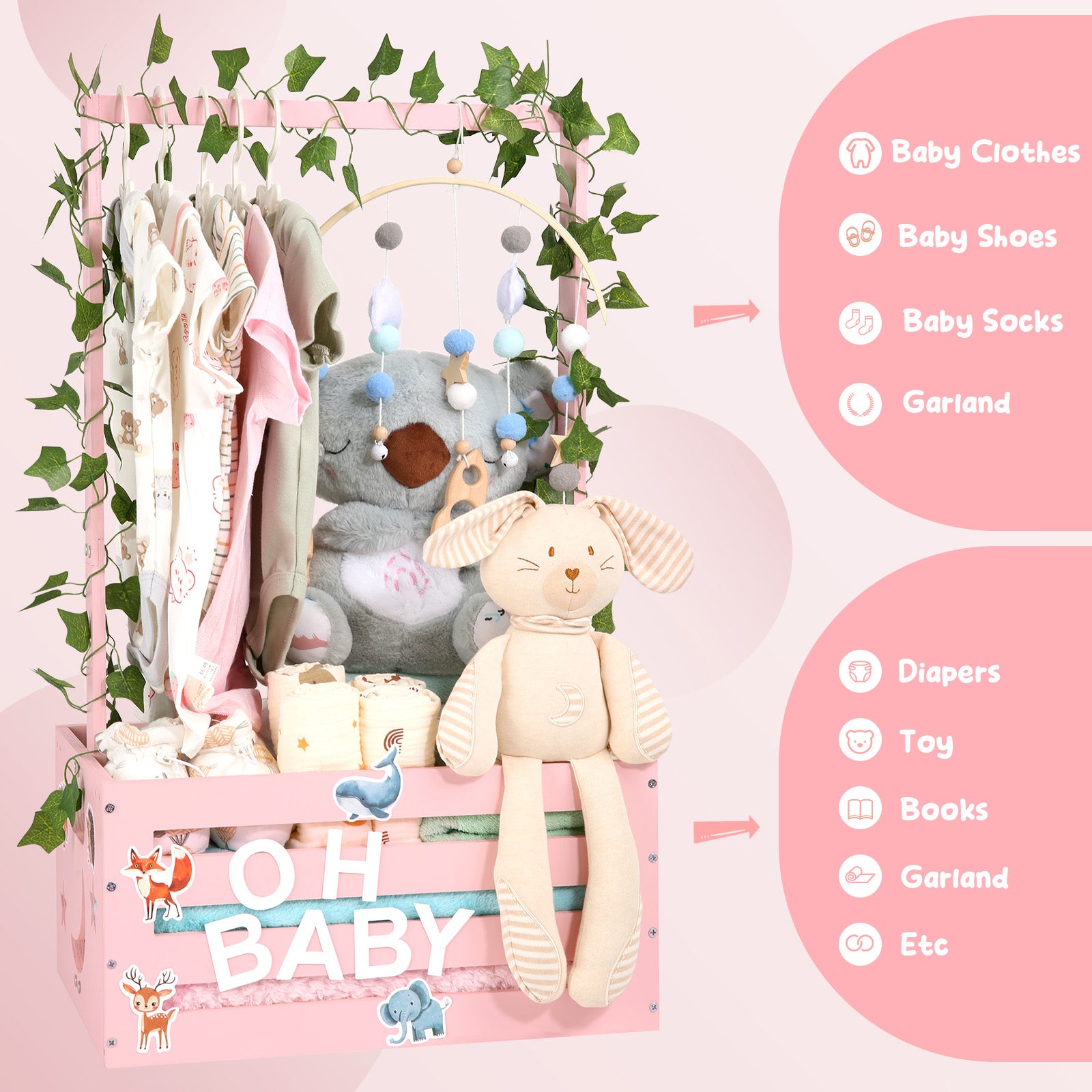 TeSabMi Baby Shower Gift Basket, Large Personalized Wooden Crate with Letters and Clothes Hangers for Newborn Nursery Room, Pink