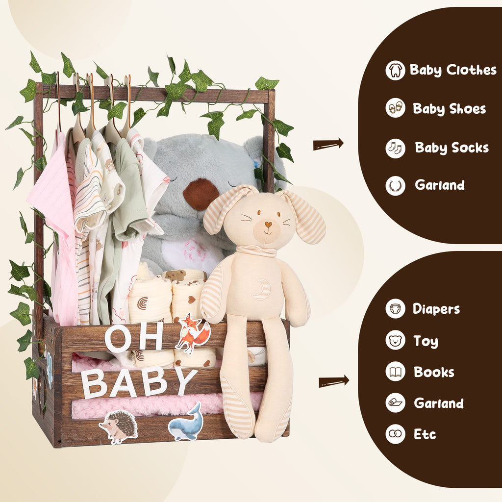 TeSabMi Baby Shower Gift Basket, Personalized Wooden Crate with Letters and Clothes Hangers for Newborn Nursery Room, Brown