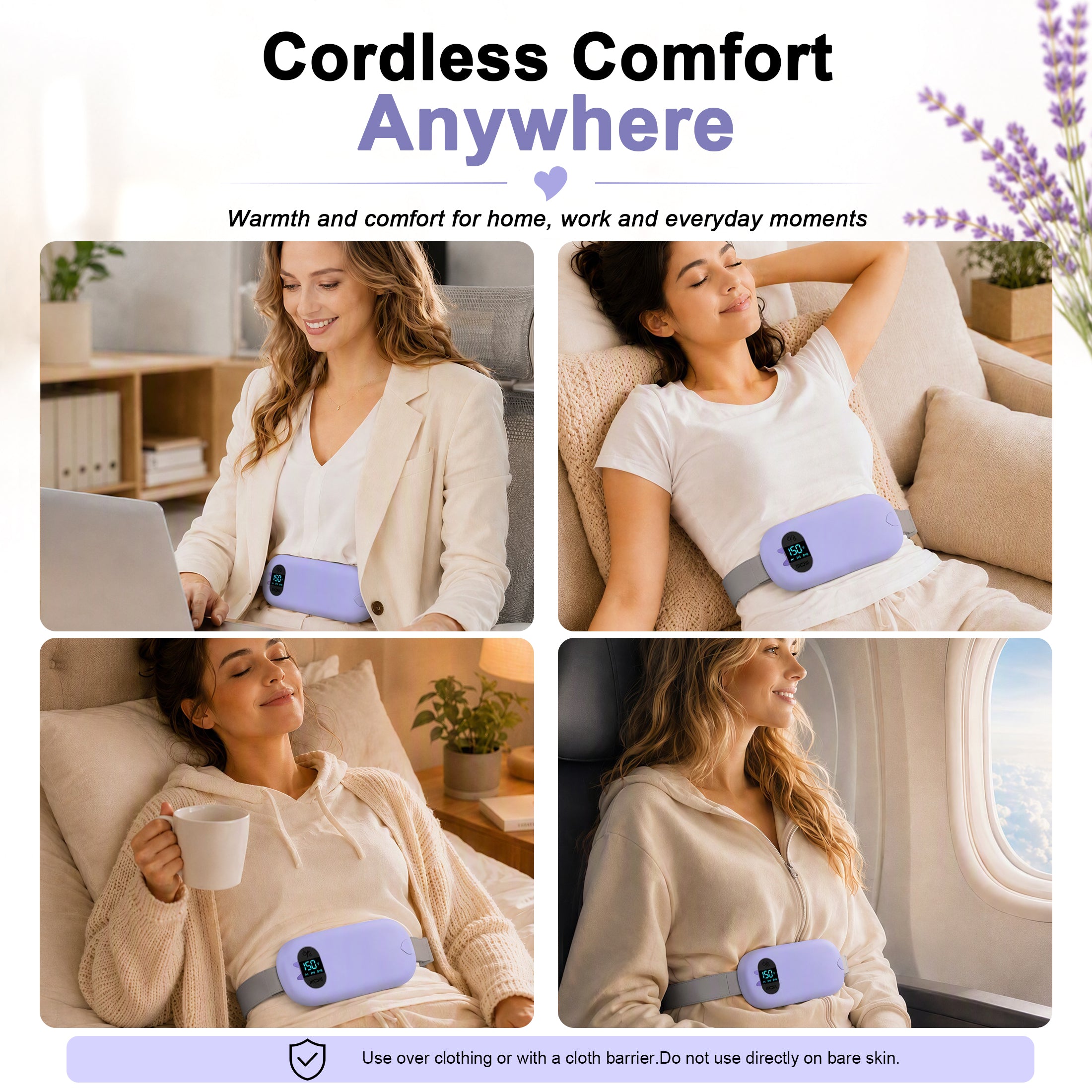 TeSabMi Cordless Heating Pad for Period Cramps, Portable Menstrual Heating Belt with 6 Heat Levels, 6 Vibration Modes, Gift for Women Her Purple