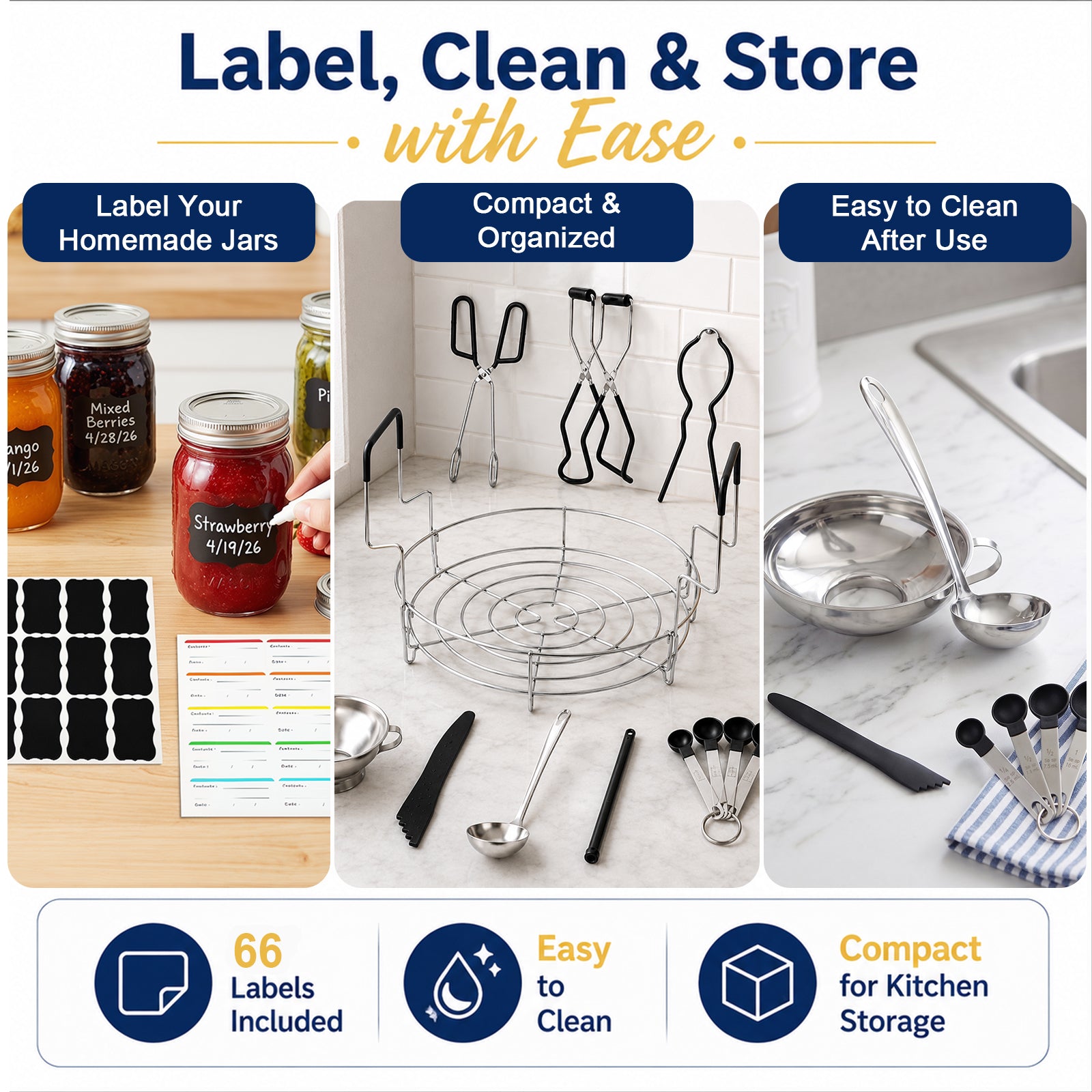 TeSabMi Canning Supplies Starter Kit, 11-Piece Water Bath Canning Tools Set with Rack, Jar Lifter, Funnel, Magnetic Lid Lifter, Black