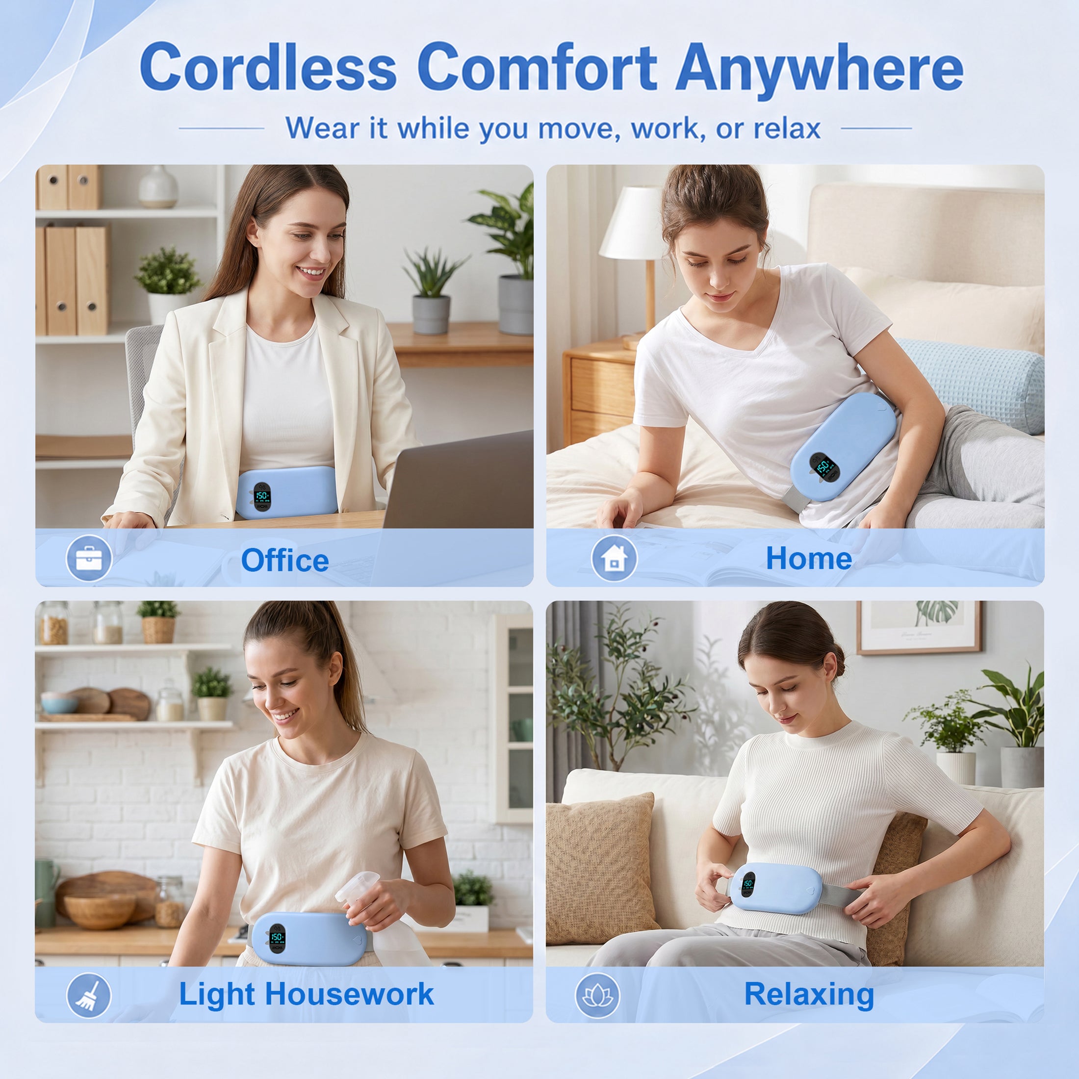 TeSabMi Cordless Heating Pad for Period Cramps, Portable Menstrual Heating Belt with 6 Heat Levels, 6 Vibration Modes, Gift for Women Her Blue
