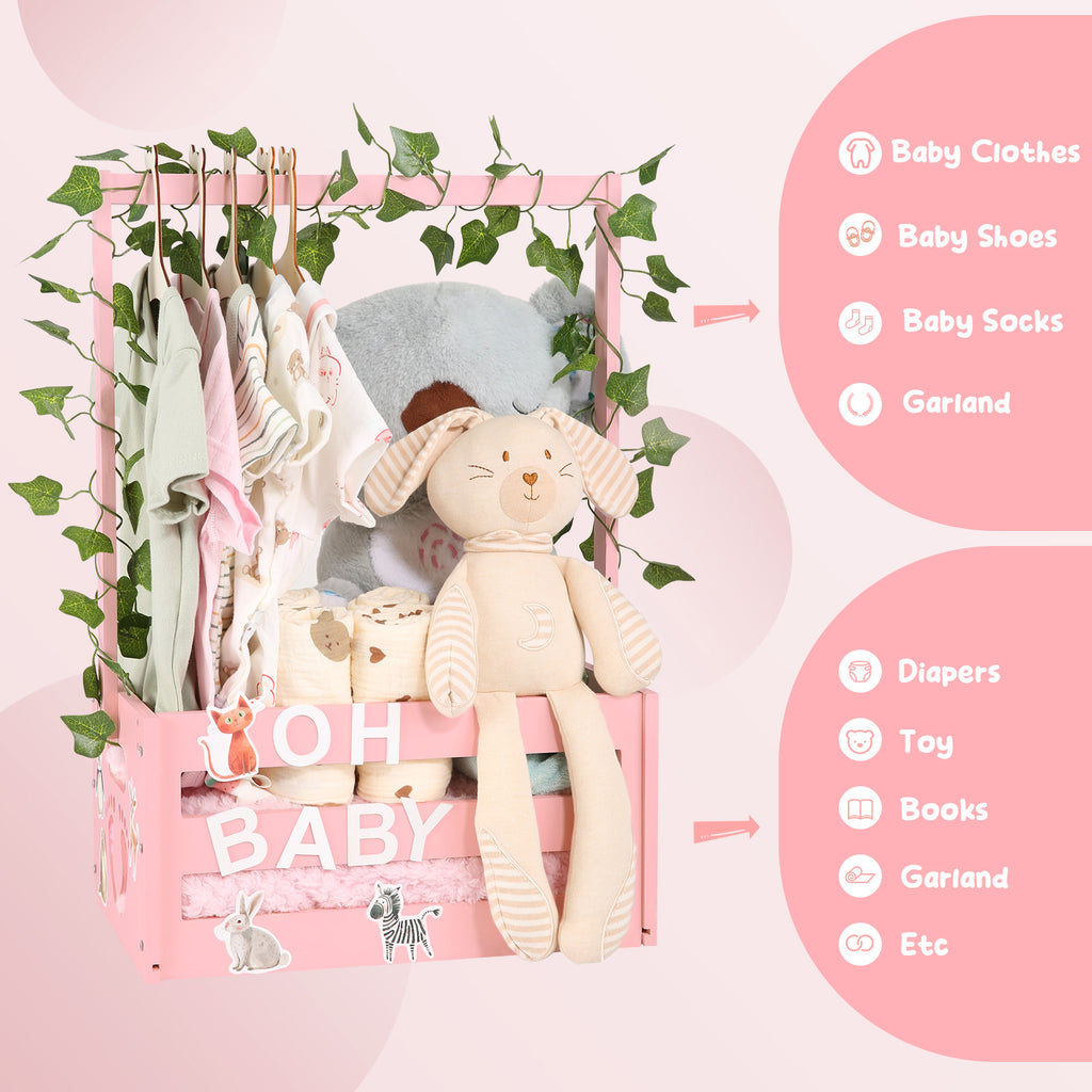 TeSabMi Baby Shower Gift Basket, Personalized Wooden Crate with Letters and Clothes Hangers for Newborn Nursery Room Pink