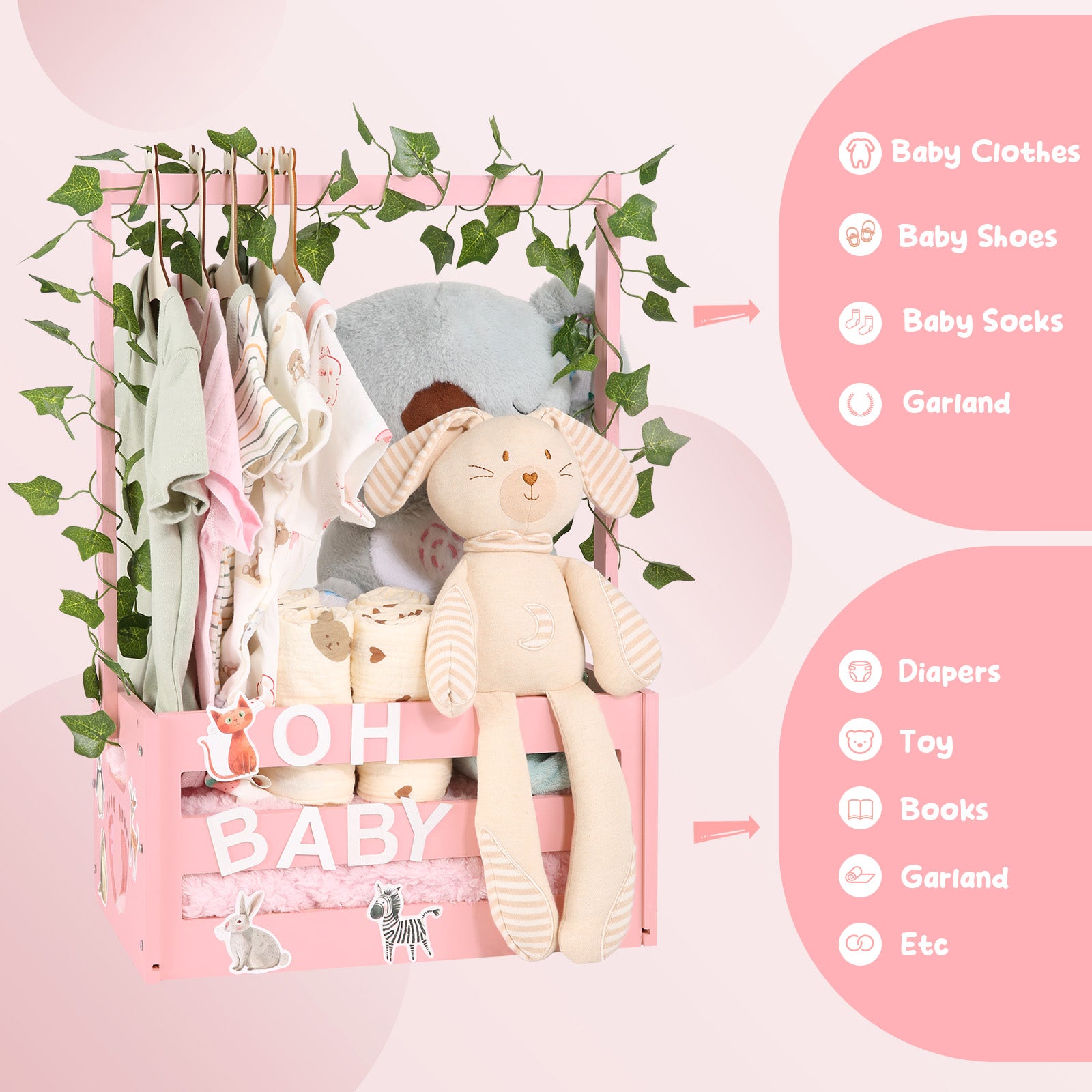 TeSabMi Baby Shower Gift Basket, Personalized Wooden Crate with Letters and Clothes Hangers for Newborn Nursery Room Pink
