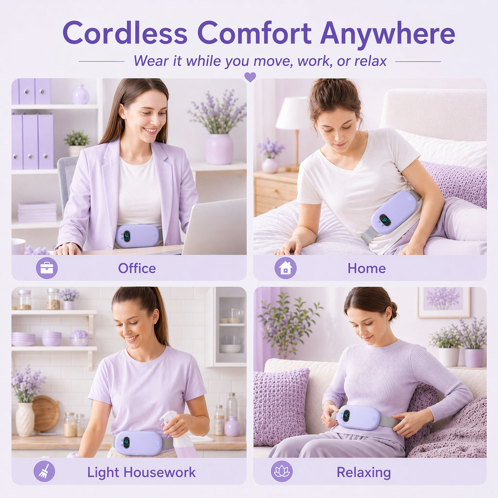 TeSabMi Cordless Heating Pad for Period Cramps, Portable Menstrual Heating Belt with 6 Heat Levels, 6 Vibration Modes, Gift for Women Her Purple