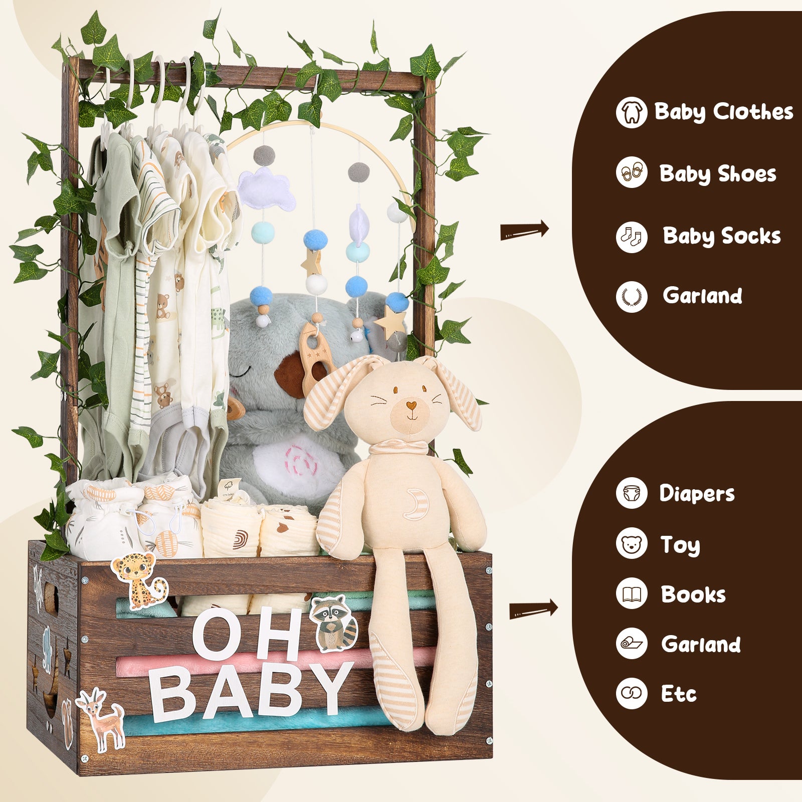 TeSabMi Baby Shower Gift Basket, Large Personalized Wooden Crate with Letters and Clothes Hangers for Newborn Nursery Room, Brown