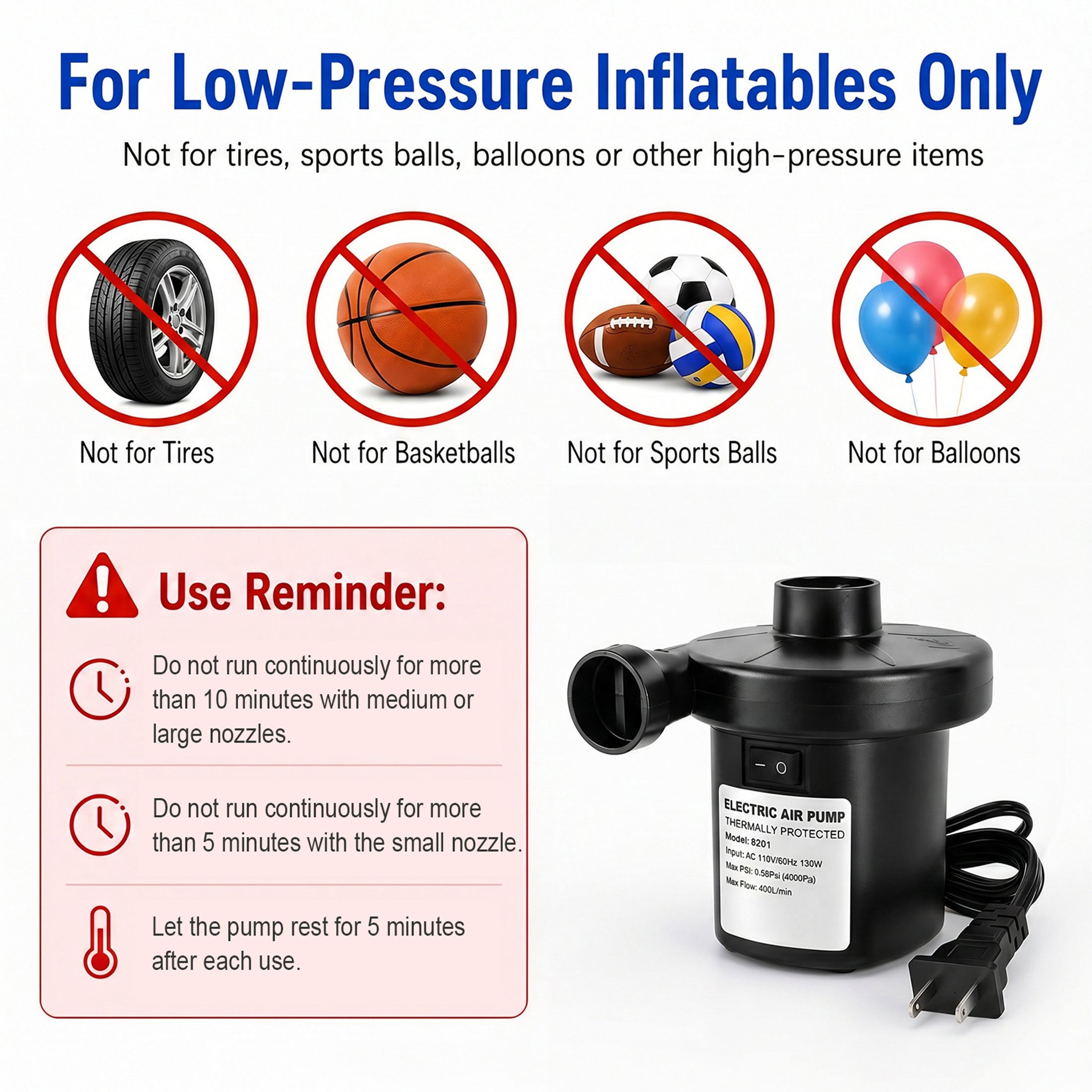 TeSabMi Electric Air Pump for Inflatables, 130W AC Quick Fill Air Mattress Pump with 3 Nozzles, Inflator Deflator for Pool Floats and Swim Rings