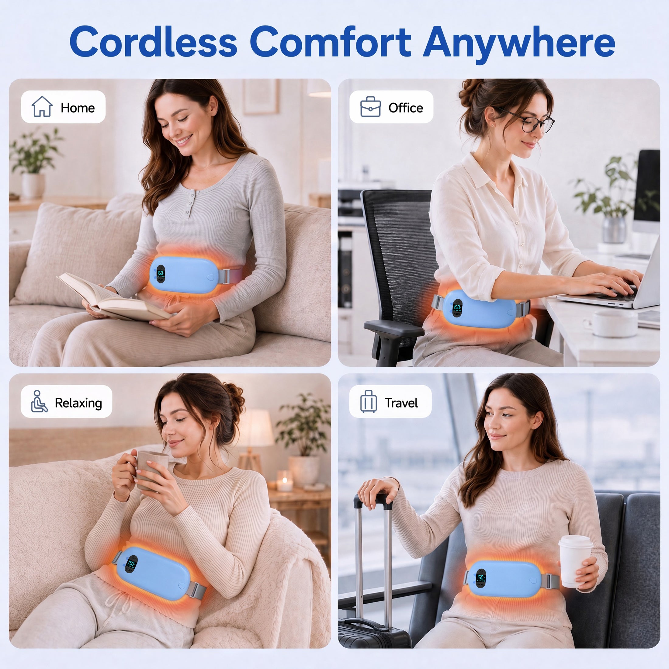 TeSabMi Cordless Heating Pad for Period Cramps, Portable Menstrual Heating Belt with 6 Heat Levels, 6 Vibration Modes, Gift for Women Her Blue