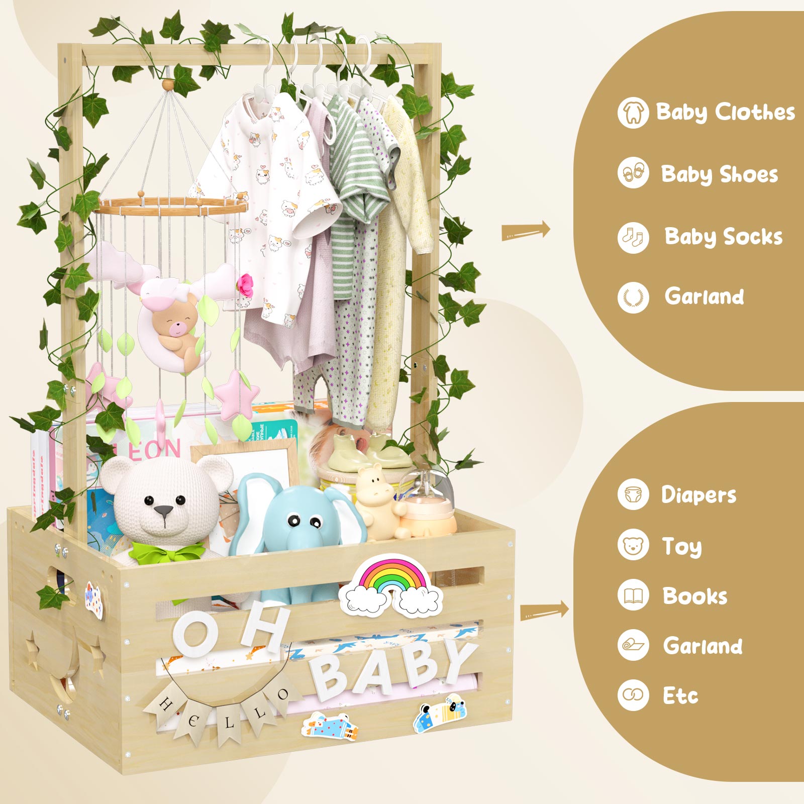 TeSabMi Baby Shower Gift Basket, Large Personalized Wooden Crate with Letters and Clothes Hangers for Newborn Nursery Room