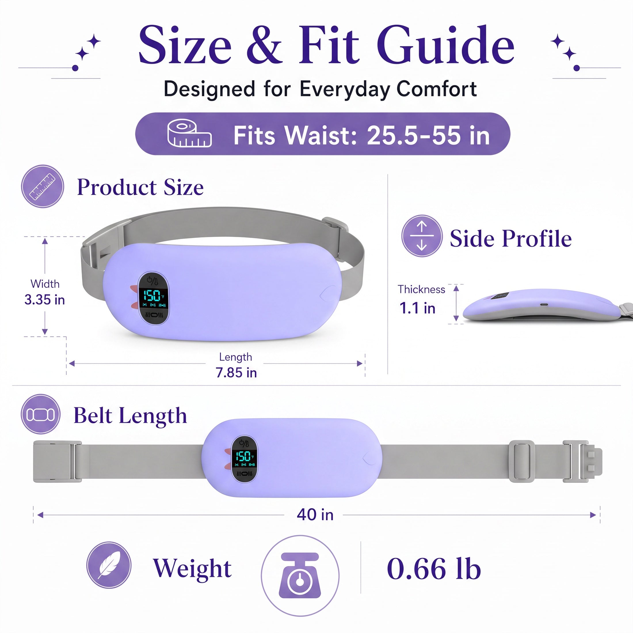 TeSabMi Cordless Heating Pad for Period Cramps, Portable Menstrual Heating Belt with 6 Heat Levels, 6 Vibration Modes, Gift for Women Her Purple