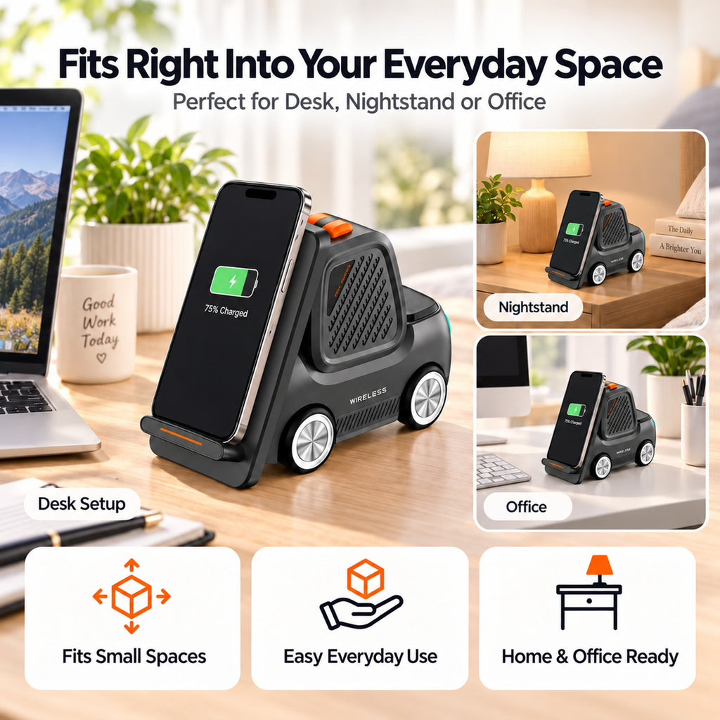 TeSabMi 5-in-1 Wireless Charging Station with Bluetooth Speaker, Up to 15W Dual-Coil Charger, Compatible with iPhone, Apple Watch & AirPods