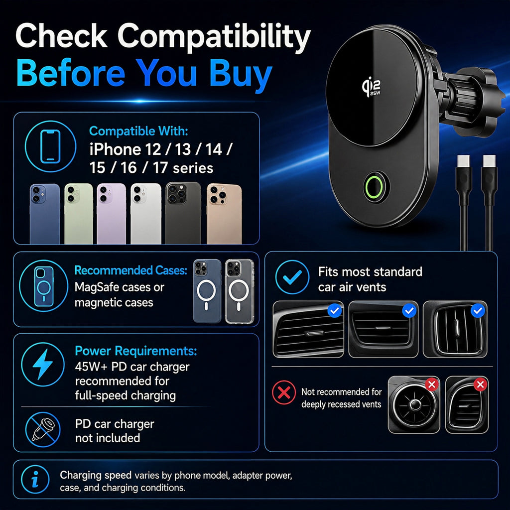 TeSabMi 25W Fast Charging Magnetic Wireless Car Charger Mount with Active Cooling, Air Vent Phone Holder for iPhone 12 to 17 Series