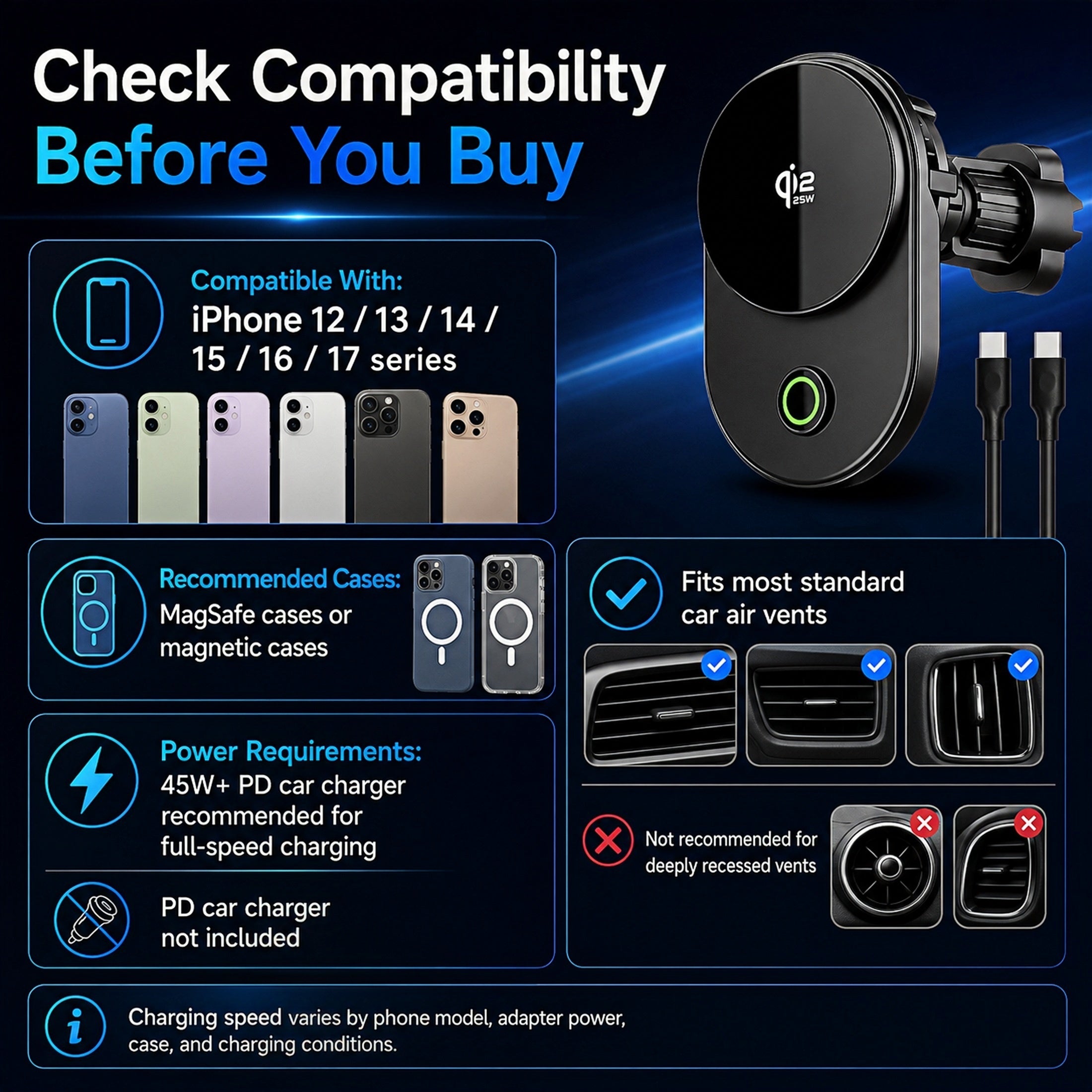 TeSabMi 25W Fast Charging Magnetic Wireless Car Charger Mount with Active Cooling, Air Vent Phone Holder for iPhone 12 to 17 Series