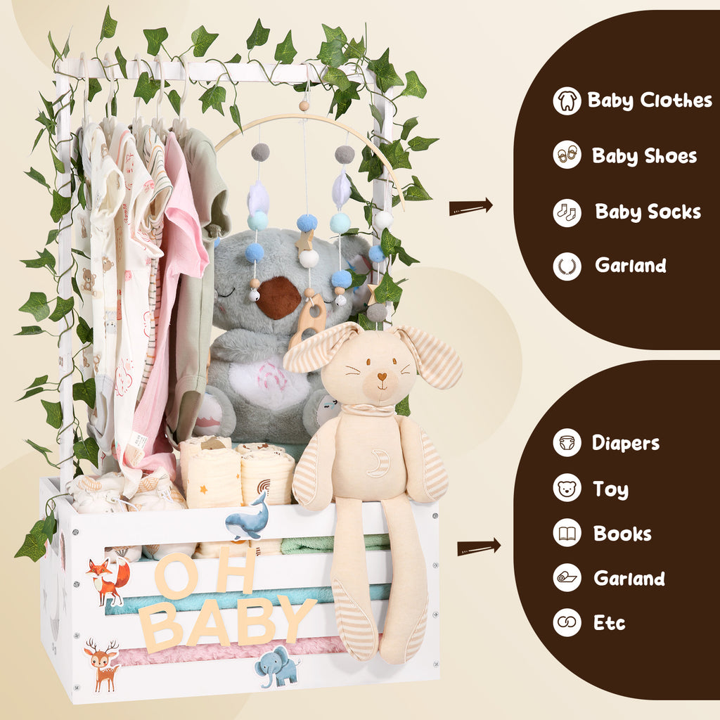 TeSabMi Baby Shower Gift Basket, Large Personalized Wooden Crate with Letters and Clothes Hangers for Newborn Nursery Room, White