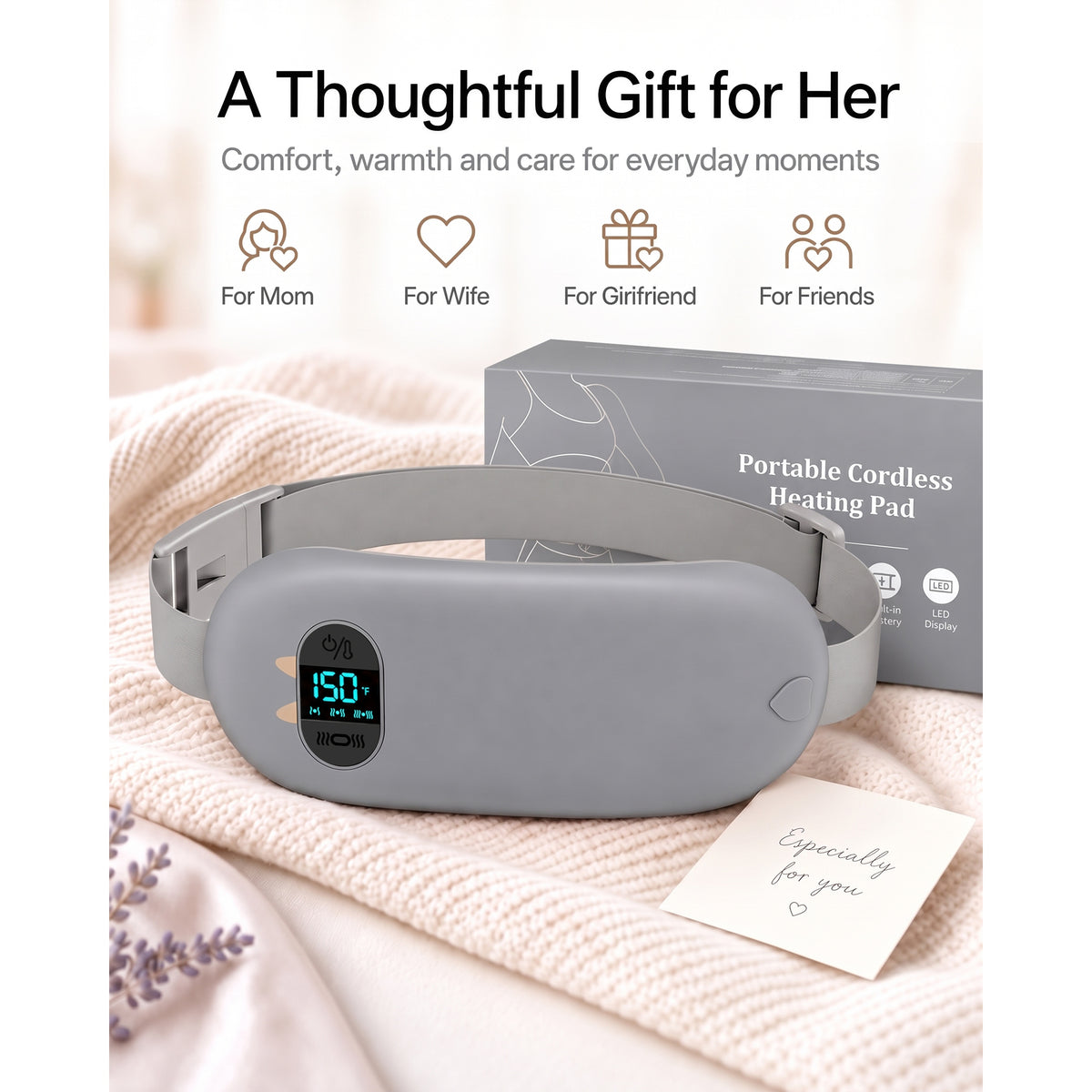 TeSabMi Cordless Heating Pad for Period Cramps, Portable Menstrual Heating Belt with 6 Heat Levels, 6 Vibration Modes, Gift for Women