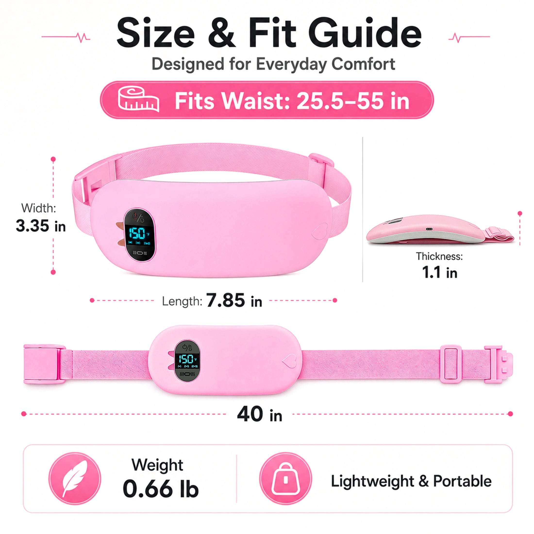 TeSabMi Cordless Heating Pad for Period Cramps, Portable Menstrual Heating Belt with 6 Heat Levels, 6 Vibration Modes, Gift for Women Her Pink