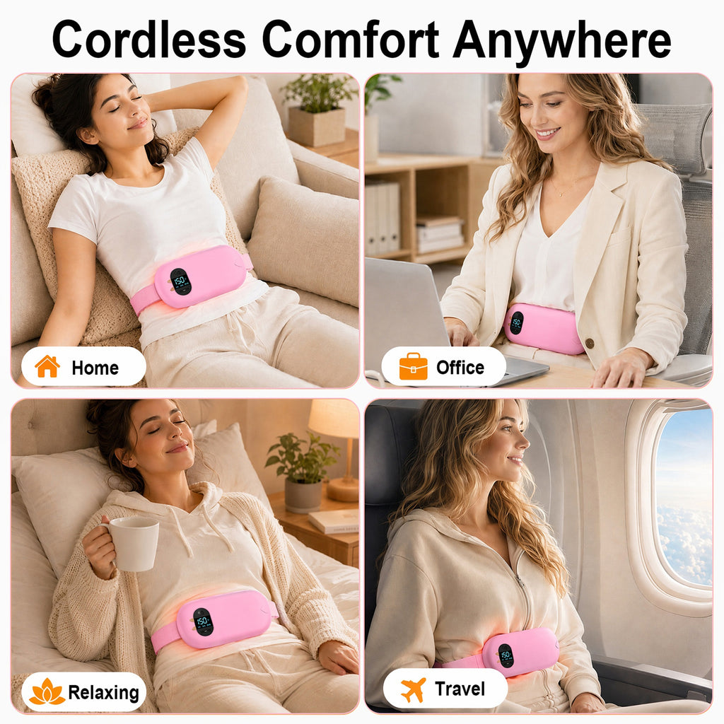 TeSabMi Cordless Heating Pad for Period Cramps, Portable Menstrual Heating Belt with 6 Heat Levels, 6 Vibration Modes, Gift for Women Her Pink