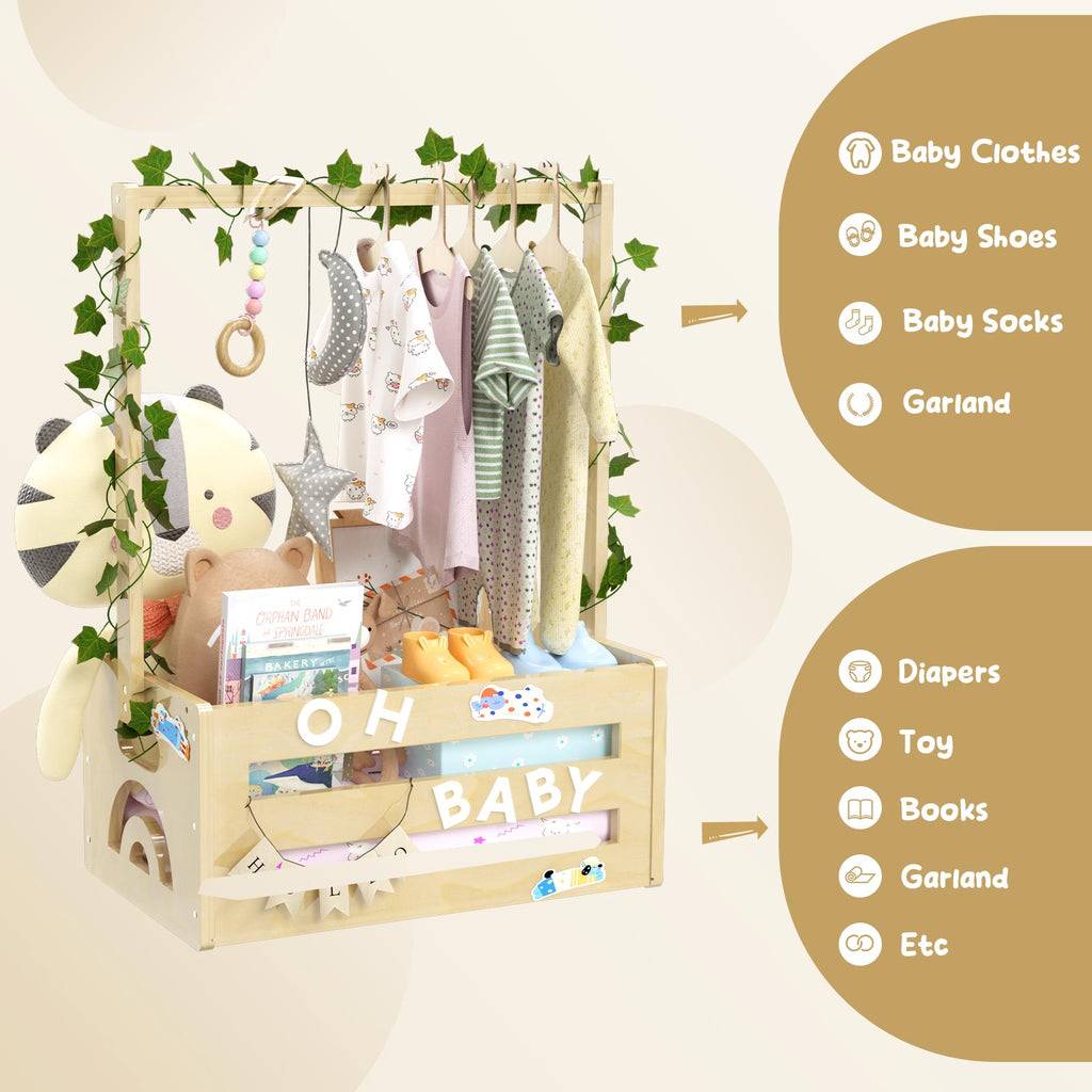 TeSabMi Baby Shower Gift Basket, Personalized Wooden Crate with Letters and Clothes Hangers for Newborn Nursery Room