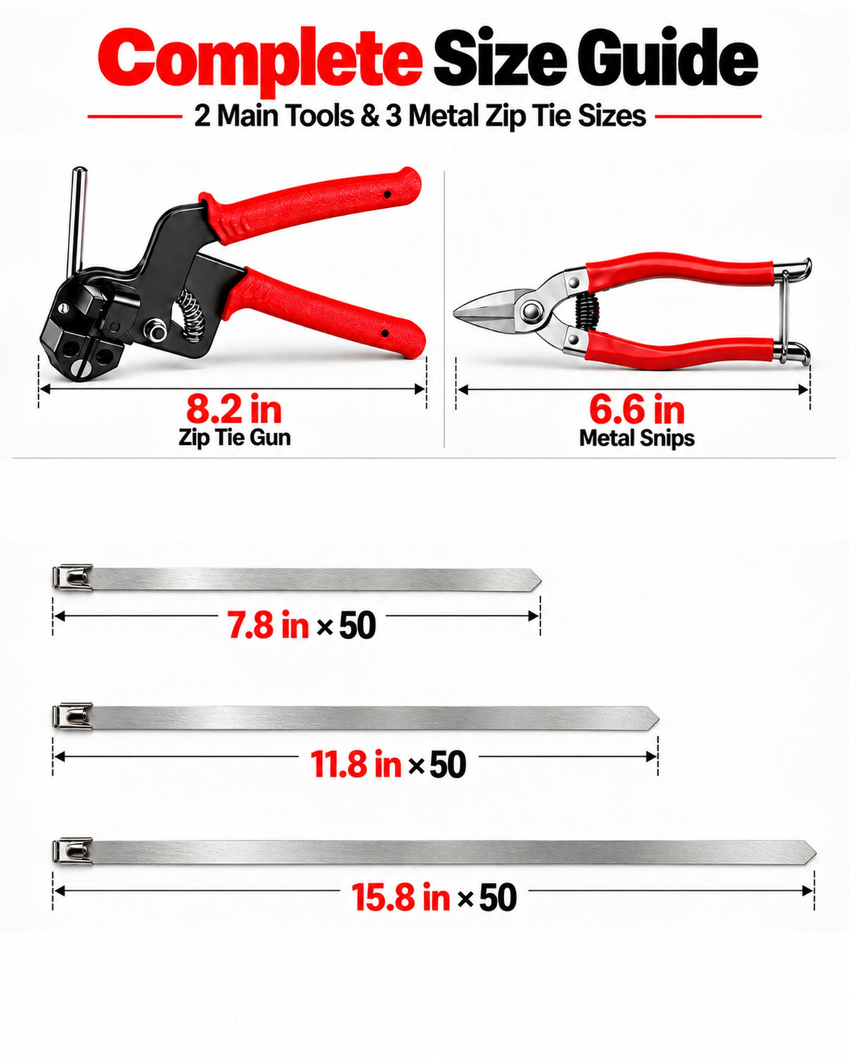 TeSabMi 155-Piece Cable Tie Gun Kit with Release Tool and 150 Metal Zip Ties Made of 304 Stainless Steel in 3 Sizes for Fencing and Exhaust Wrap