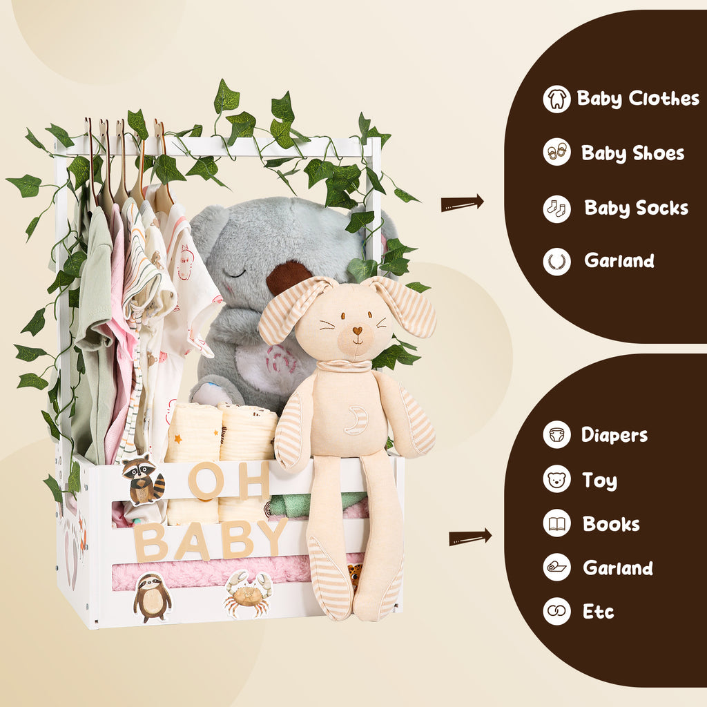 TeSabMi Baby Shower Gift Basket, Personalized Wooden Crate with Letters and Clothes Hangers for Newborn Nursery Room White