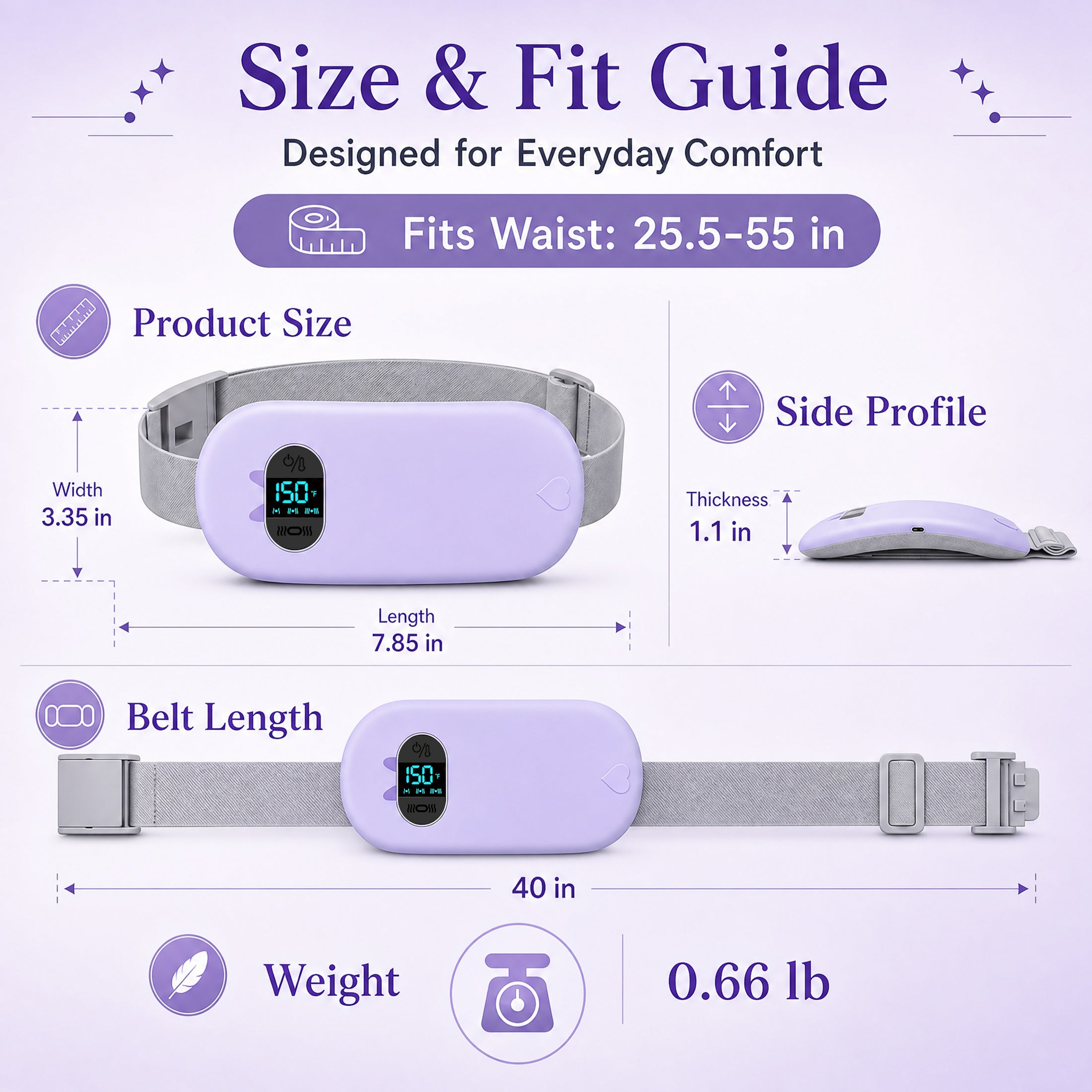 TeSabMi Cordless Heating Pad for Period Cramps, Portable Menstrual Heating Belt with 6 Heat Levels, 6 Vibration Modes, Gift for Women Her Purple