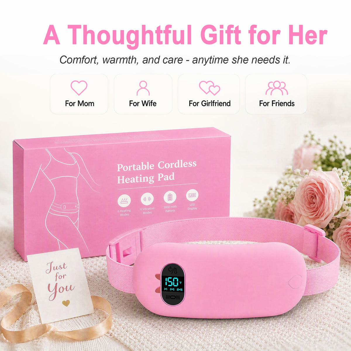 TeSabMi Cordless Heating Pad for Period Cramps, Portable Menstrual Heating Belt with 6 Heat Levels, 6 Vibration Modes, Gift for Women Her Pink