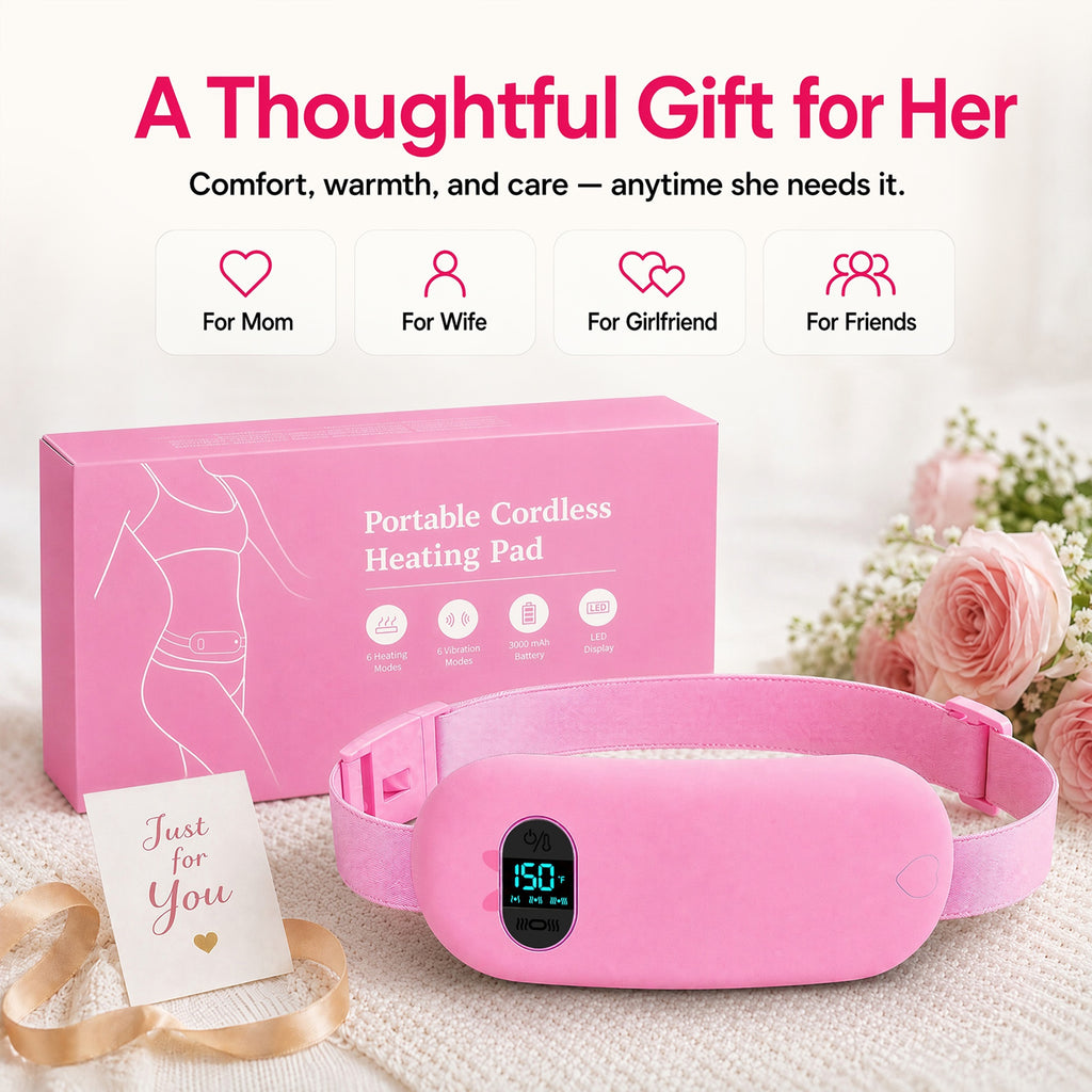 TeSabMi Cordless Heating Pad for Period Cramps, Portable Menstrual Heating Belt with 6 Heat Levels, 6 Vibration Modes, Gift for Women Her Pink