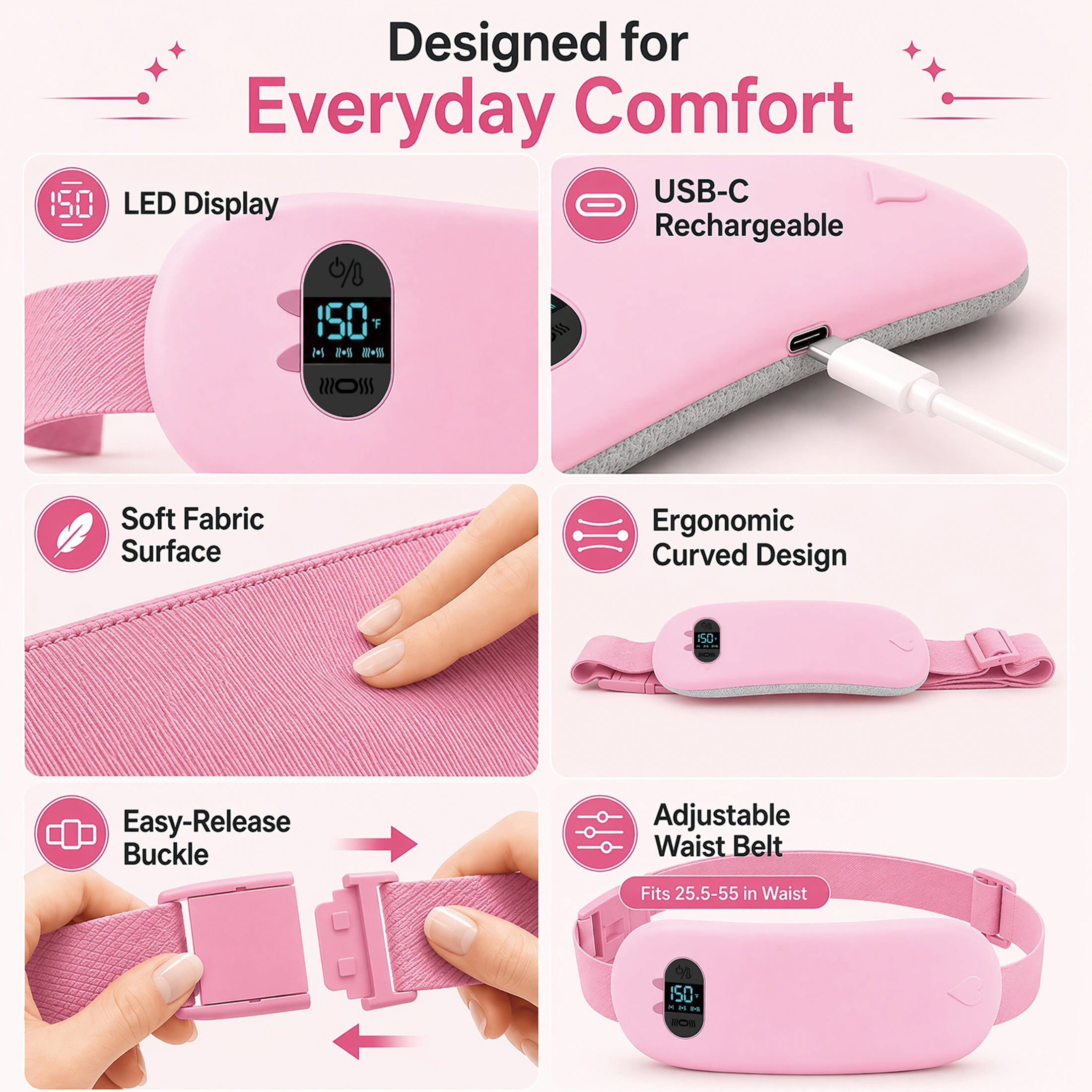 TeSabMi Cordless Heating Pad for Period Cramps, Portable Menstrual Heating Belt with 6 Heat Levels, 6 Vibration Modes, Gift for Women Her Pink