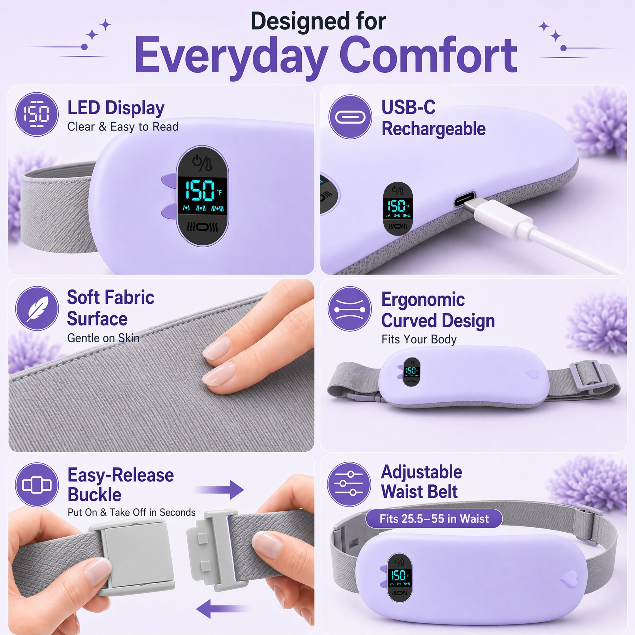 TeSabMi Cordless Heating Pad for Period Cramps, Portable Menstrual Heating Belt with 6 Heat Levels, 6 Vibration Modes, Gift for Women Her Purple