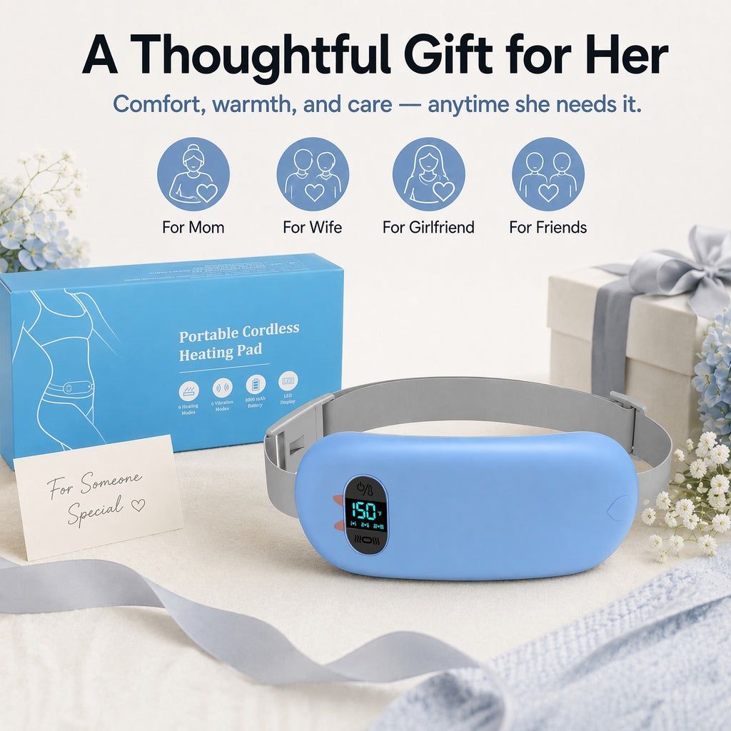 TeSabMi Cordless Heating Pad for Period Cramps, Portable Menstrual Heating Belt with 6 Heat Levels, 6 Vibration Modes, Gift for Women Her Blue
