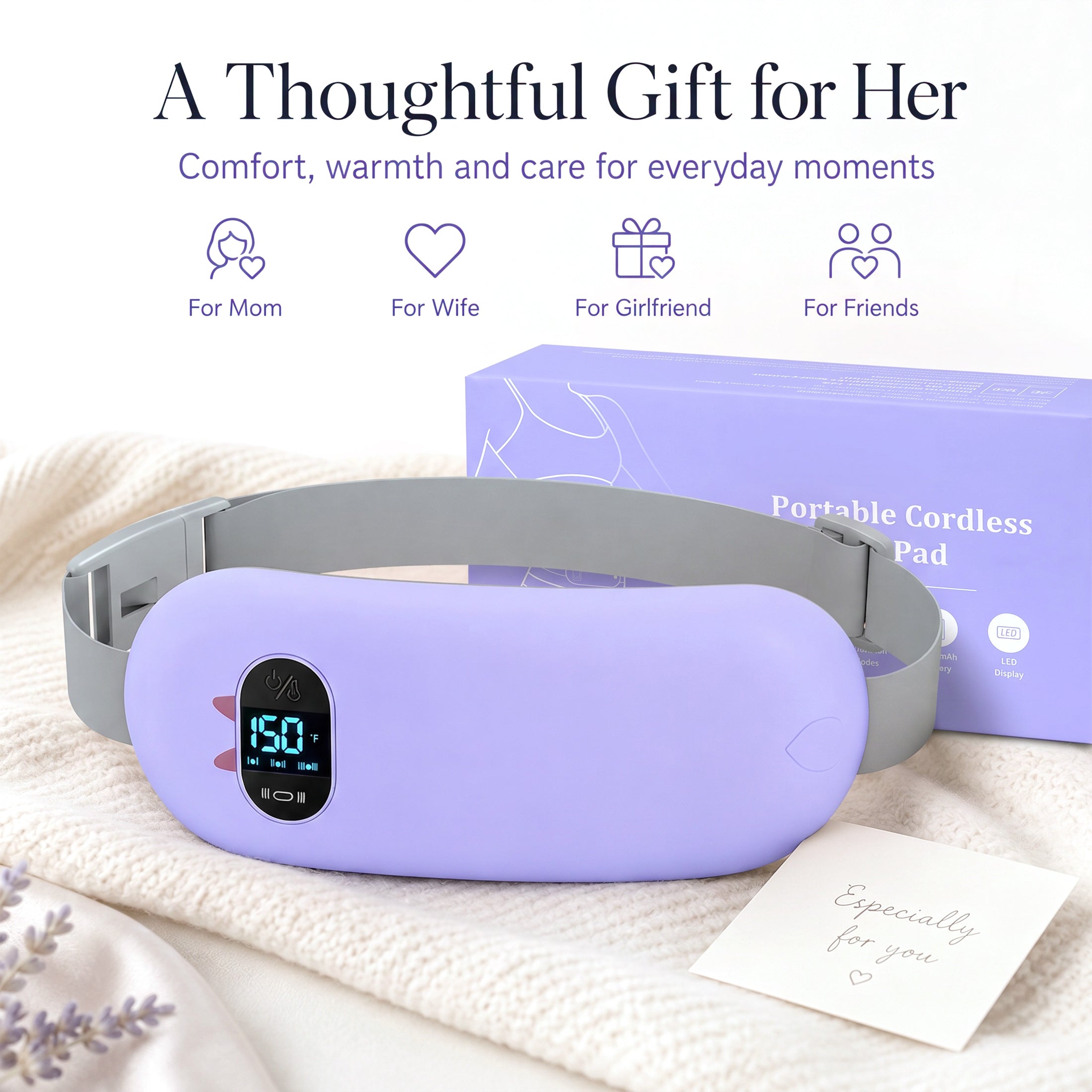 TeSabMi Cordless Heating Pad for Period Cramps, Portable Menstrual Heating Belt with 6 Heat Levels, 6 Vibration Modes, Gift for Women Her Purple