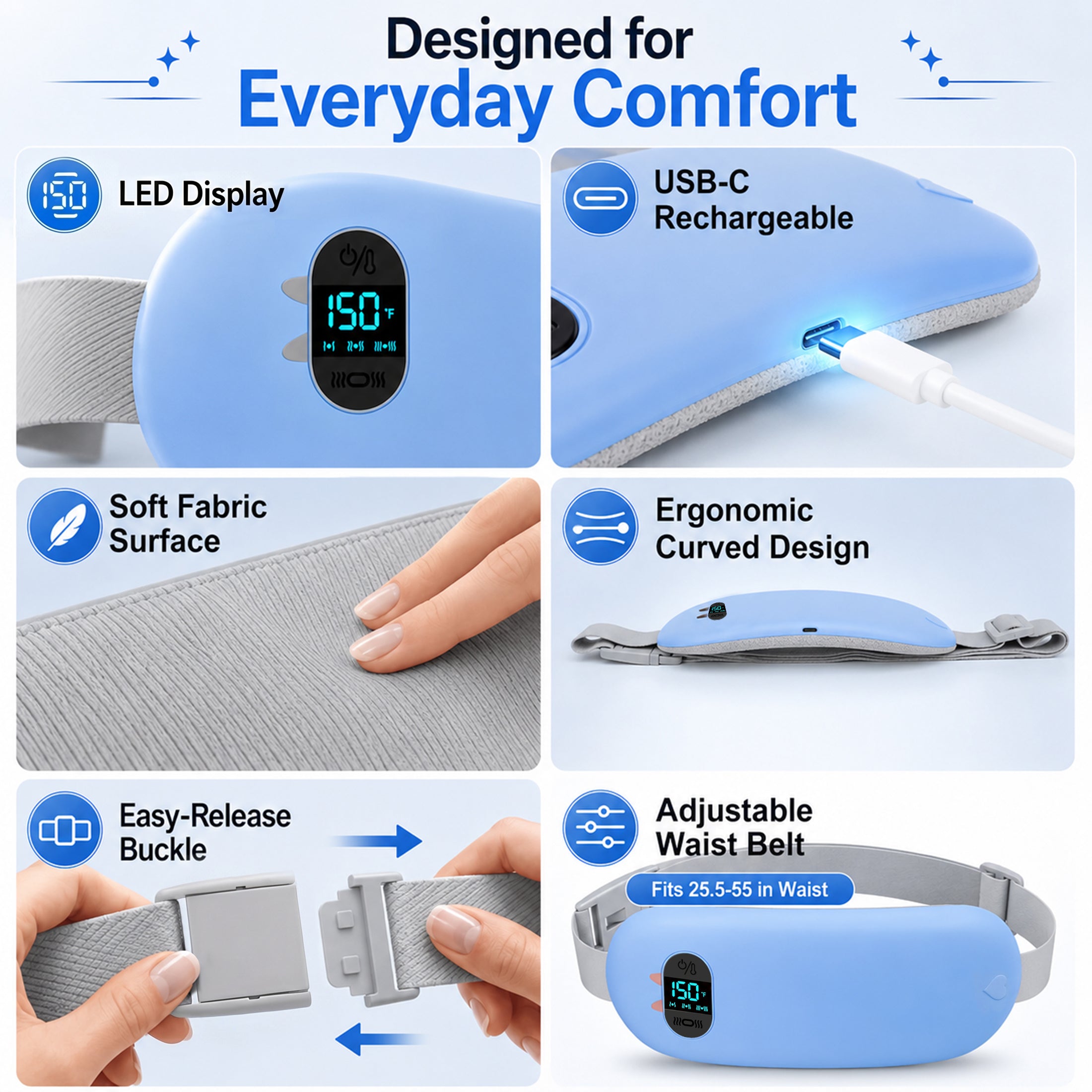 TeSabMi Cordless Heating Pad for Period Cramps, Portable Menstrual Heating Belt with 6 Heat Levels, 6 Vibration Modes, Gift for Women Her Blue